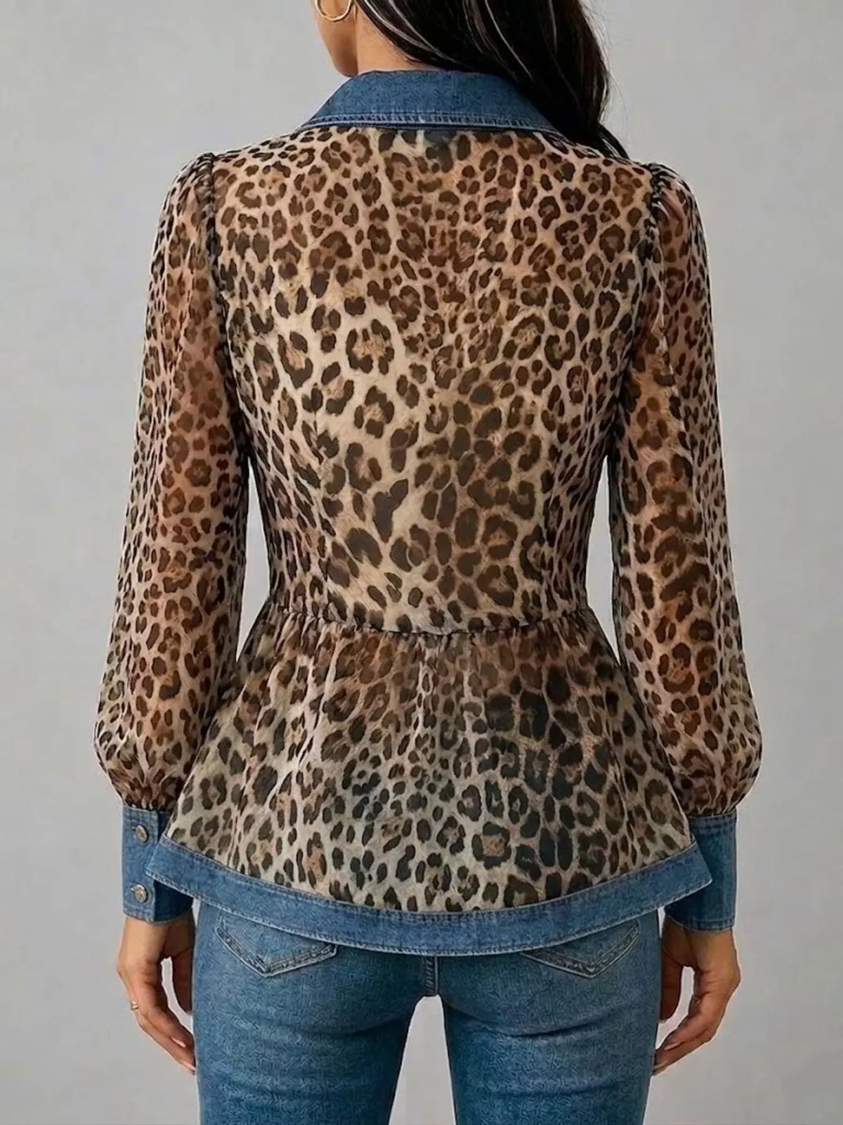 Full Size Leopard Print Blouse with Denim Contrast Trim Plus Size