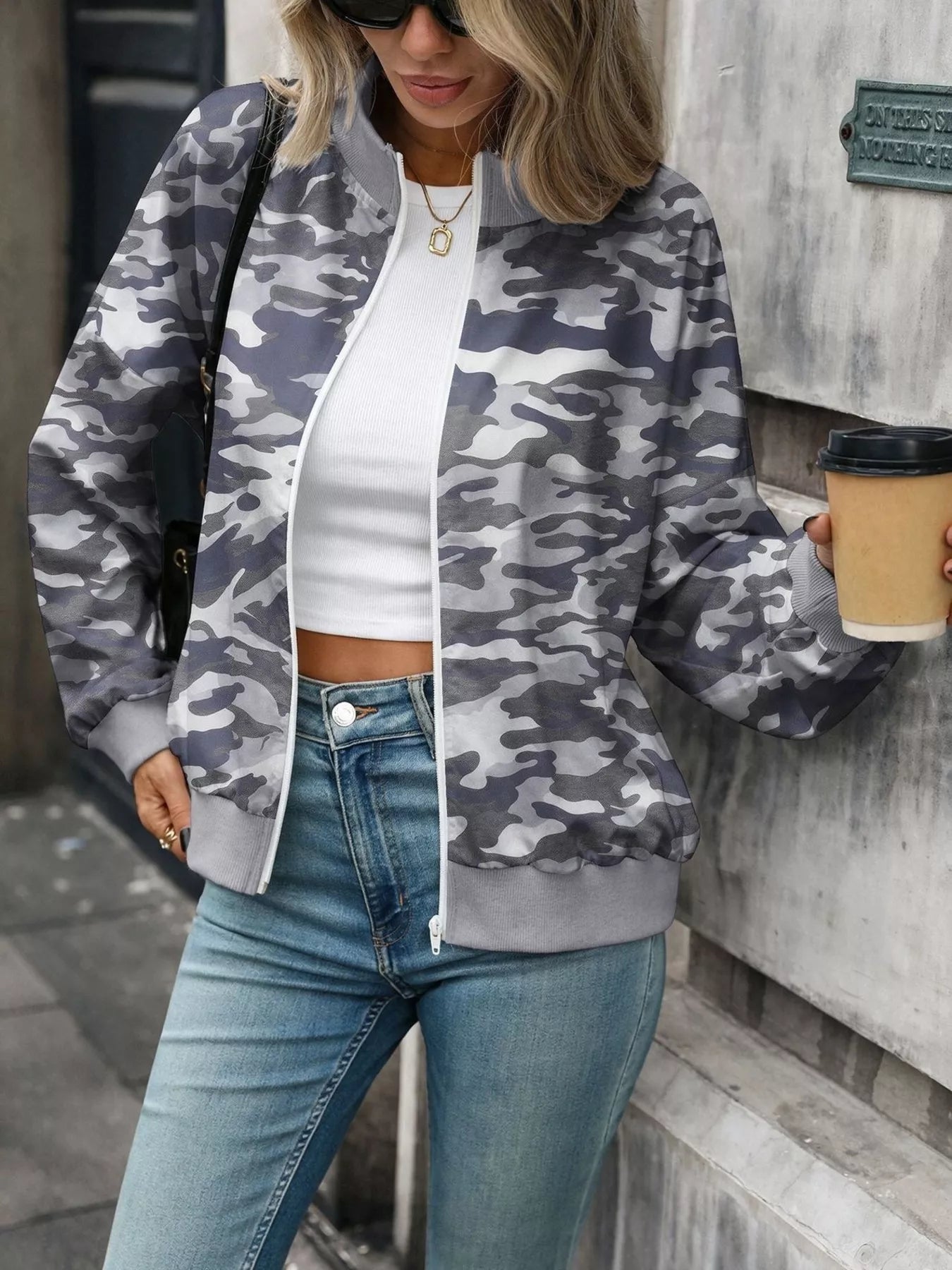 Printed Zip Up Long Sleeve Sweatshirt