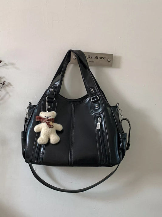 Leather Shoulder Bag with Bear Charm