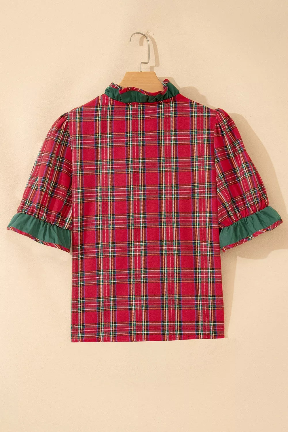 Plaid V Neck Ruffle Color Block Trim Short Sleeve Shirt