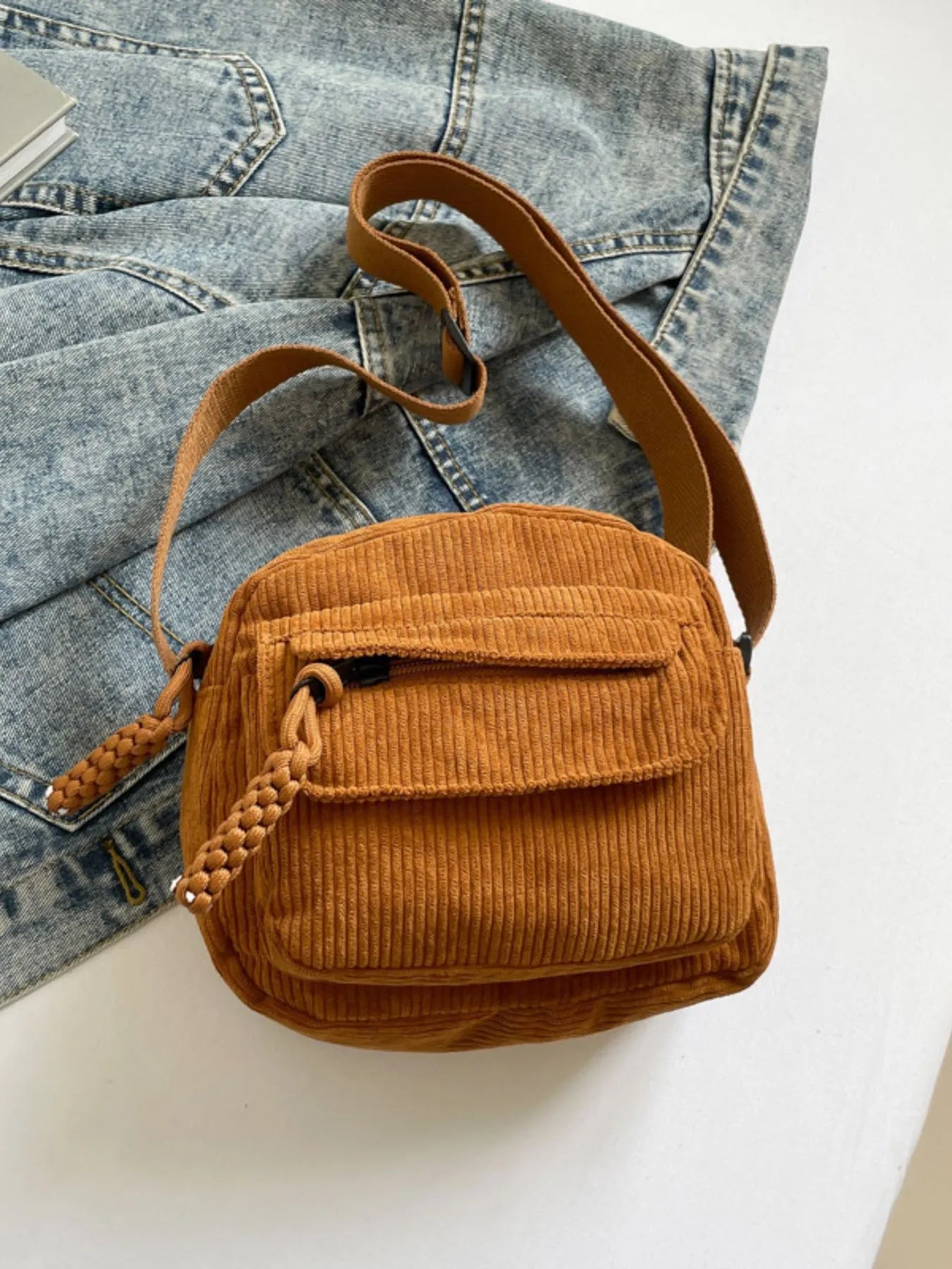 Corduroy Crossbody Bag with Adjustable Strap