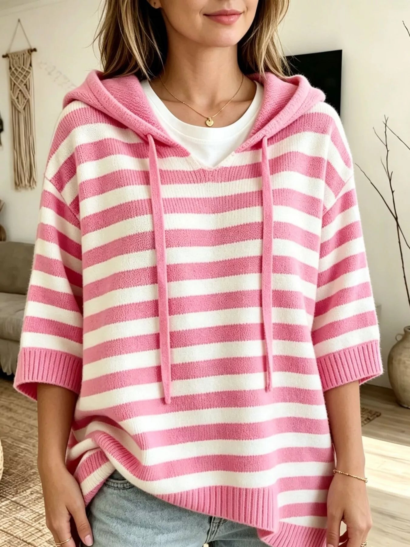 Full Size Drawstring Striped Hooded Sweater Plus Size