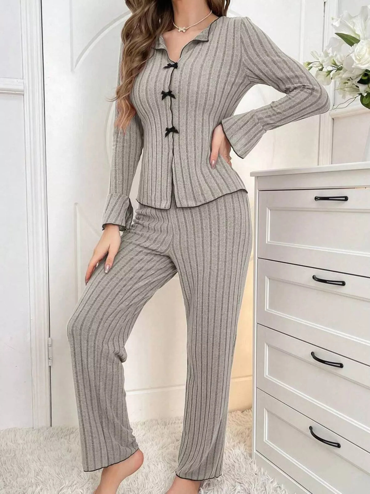 Contrast Bow Detail Top and Pants Lounge Set