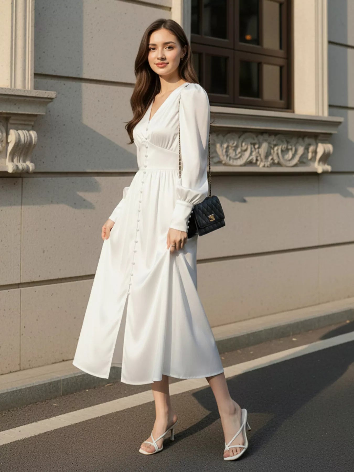 V-Neck Lantern Sleeve Midi Dress
