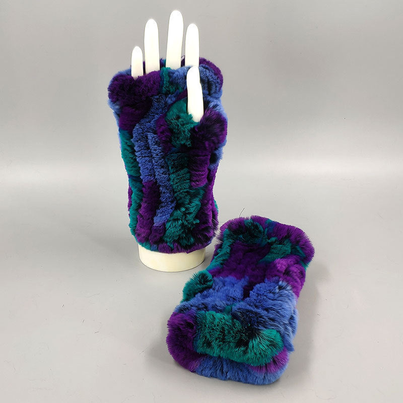 Winter Wristband Mid-Length Gloves - Rex Rabbit Fur Insulation With Striped Half-Finger Design