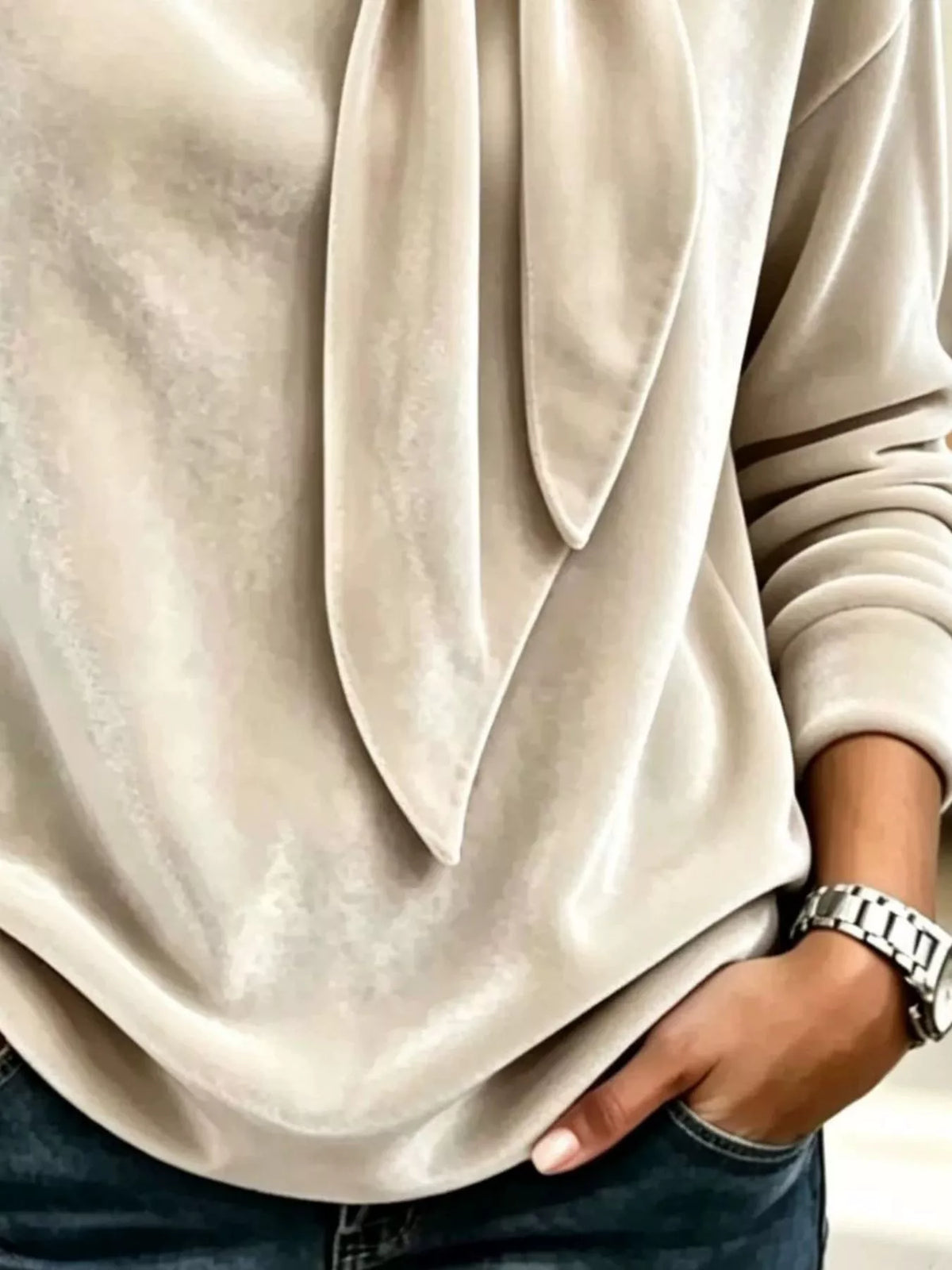 Velvet Tie Front Long Sleeve Sweatshirt