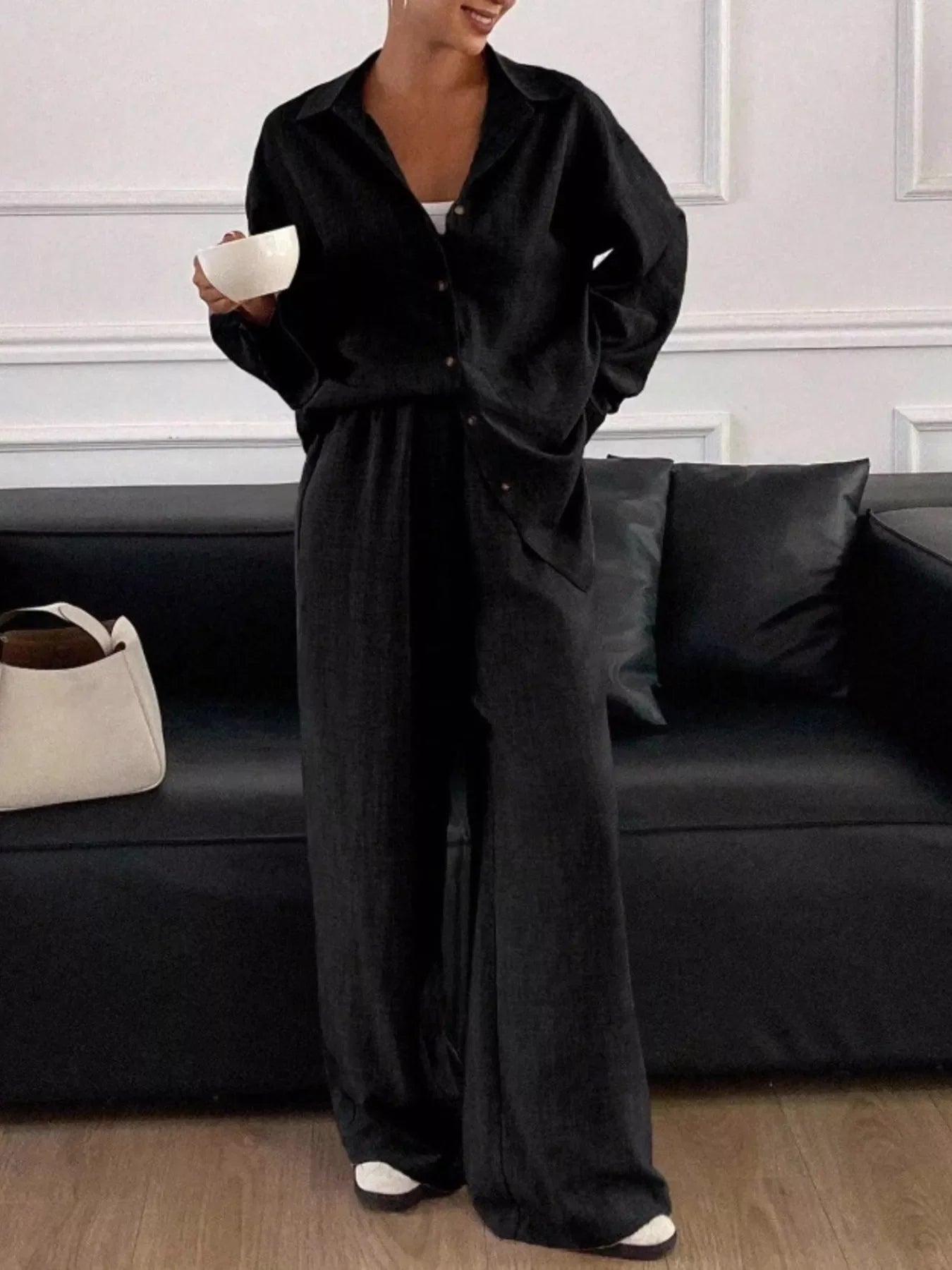 Button Up Long Sleeve Shirt and Wide Leg Pants Set