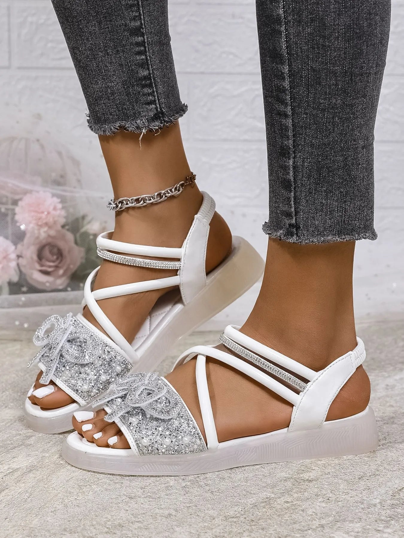 Bow Rhinestone Embellished Sandals