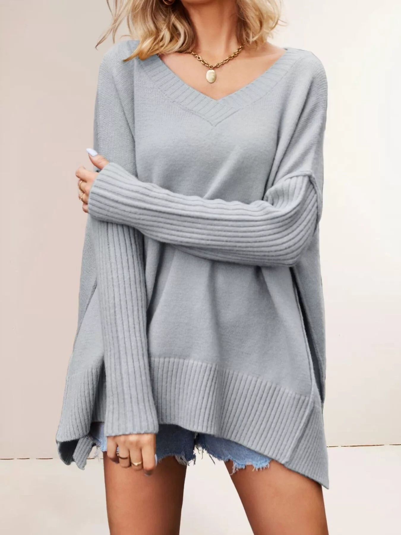 V-Neck Ribbed Sleeve Sweater