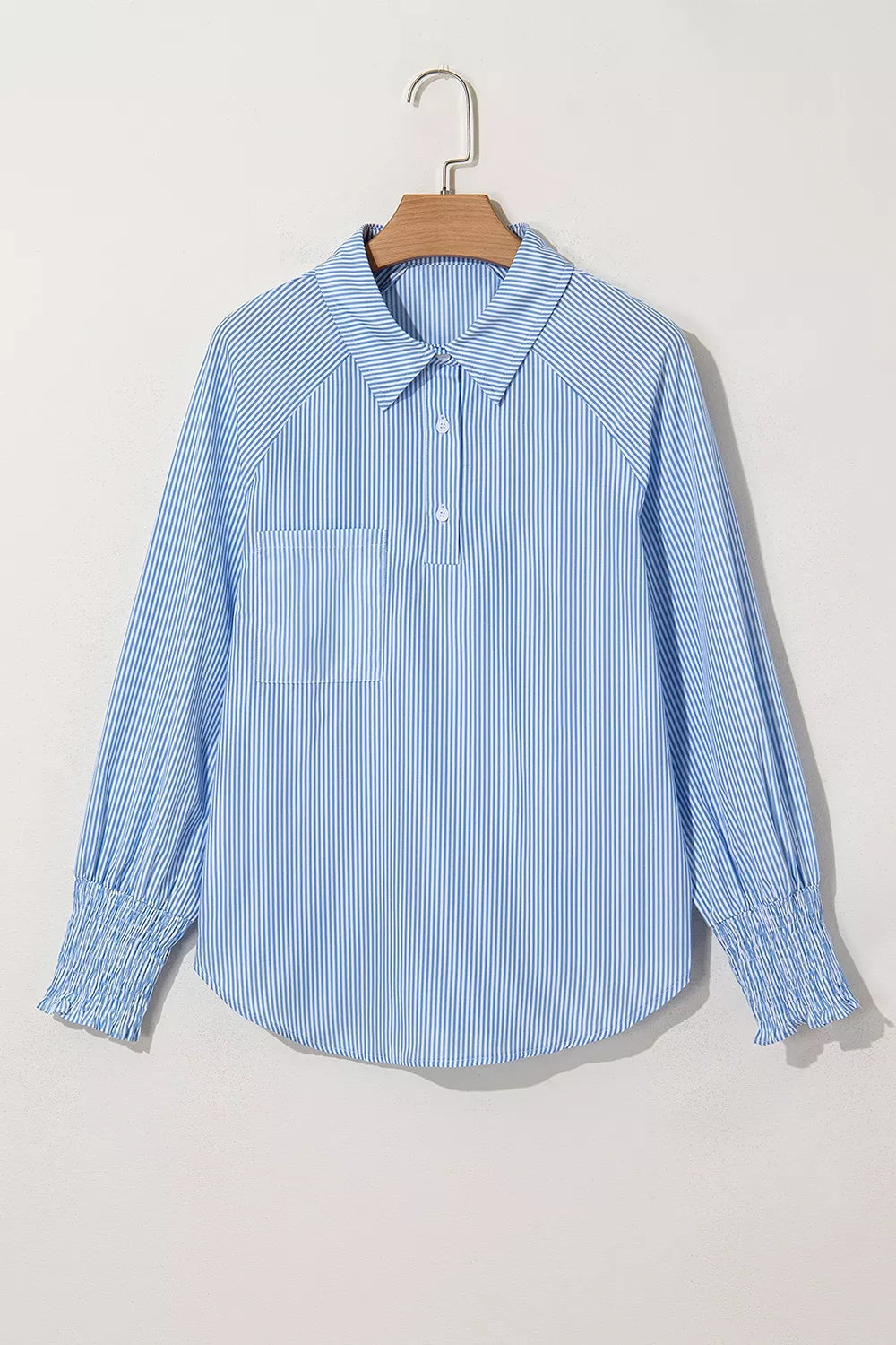 Striped Smocked Sleeve Collared Neck Blouse