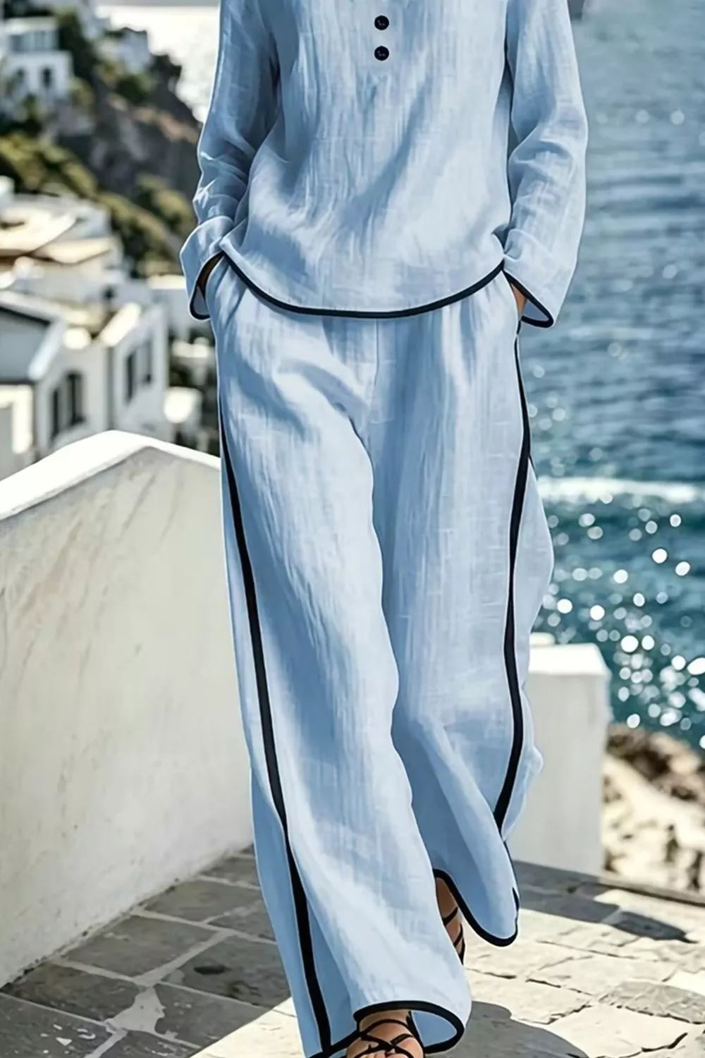 Contrast Trim Long Sleeve Top and Pants Set