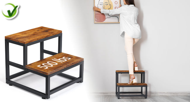 2-Step Stool for Adults & Kids, Heavy-Duty Steel & Wooden, Supports 500lbs, Ideal for Kitchen, Bedroom, Bathroom