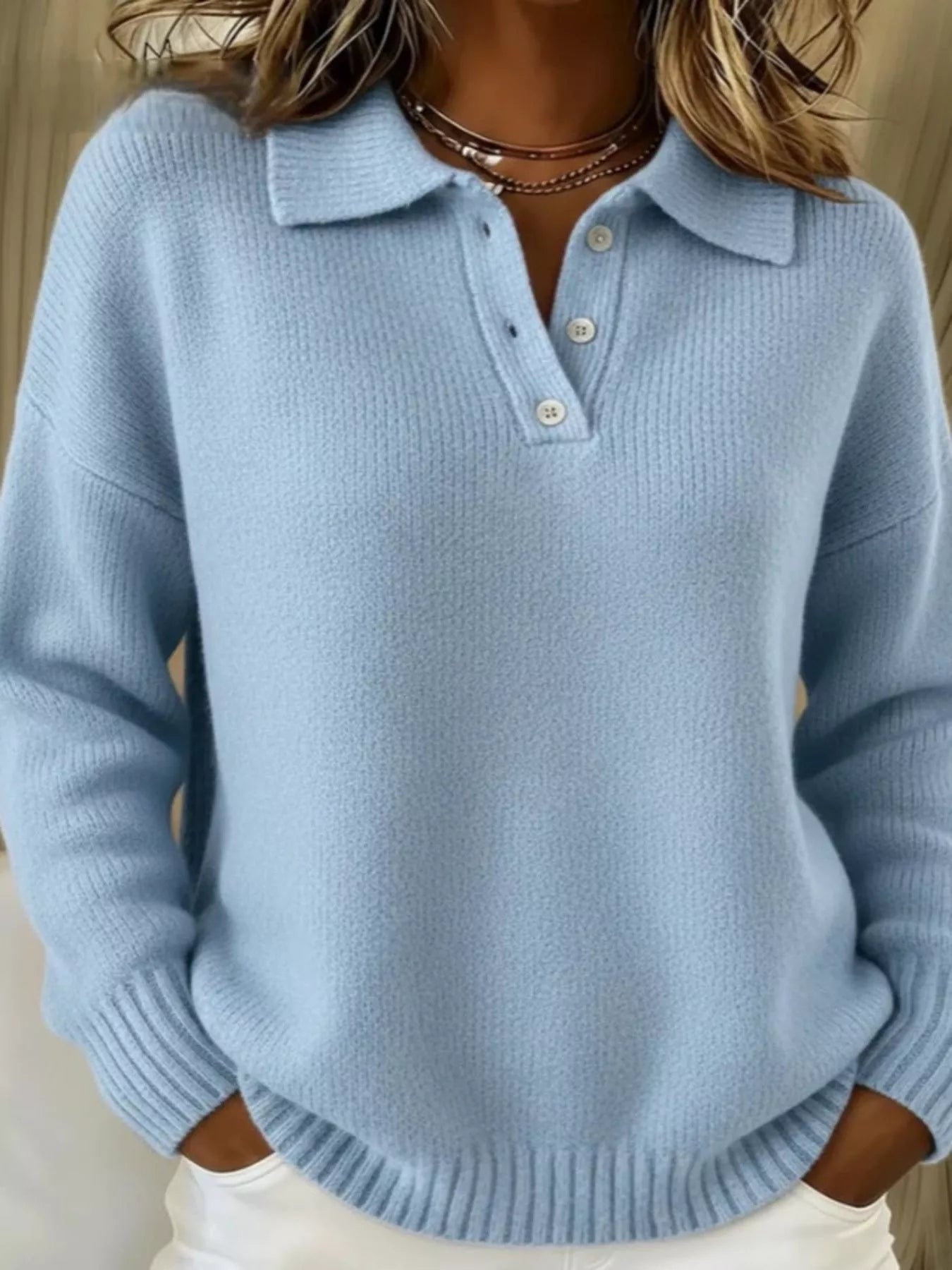 Full Size Half Button Collar Drop Shoulder Sweater Plus Size