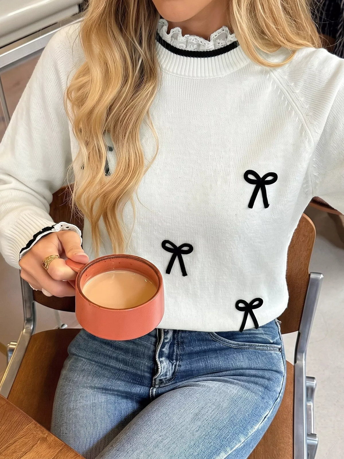 Bow-Embellished Lace Trim Sweater