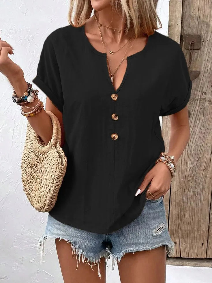 Full Size Notched Short Sleeve Top Plus Size