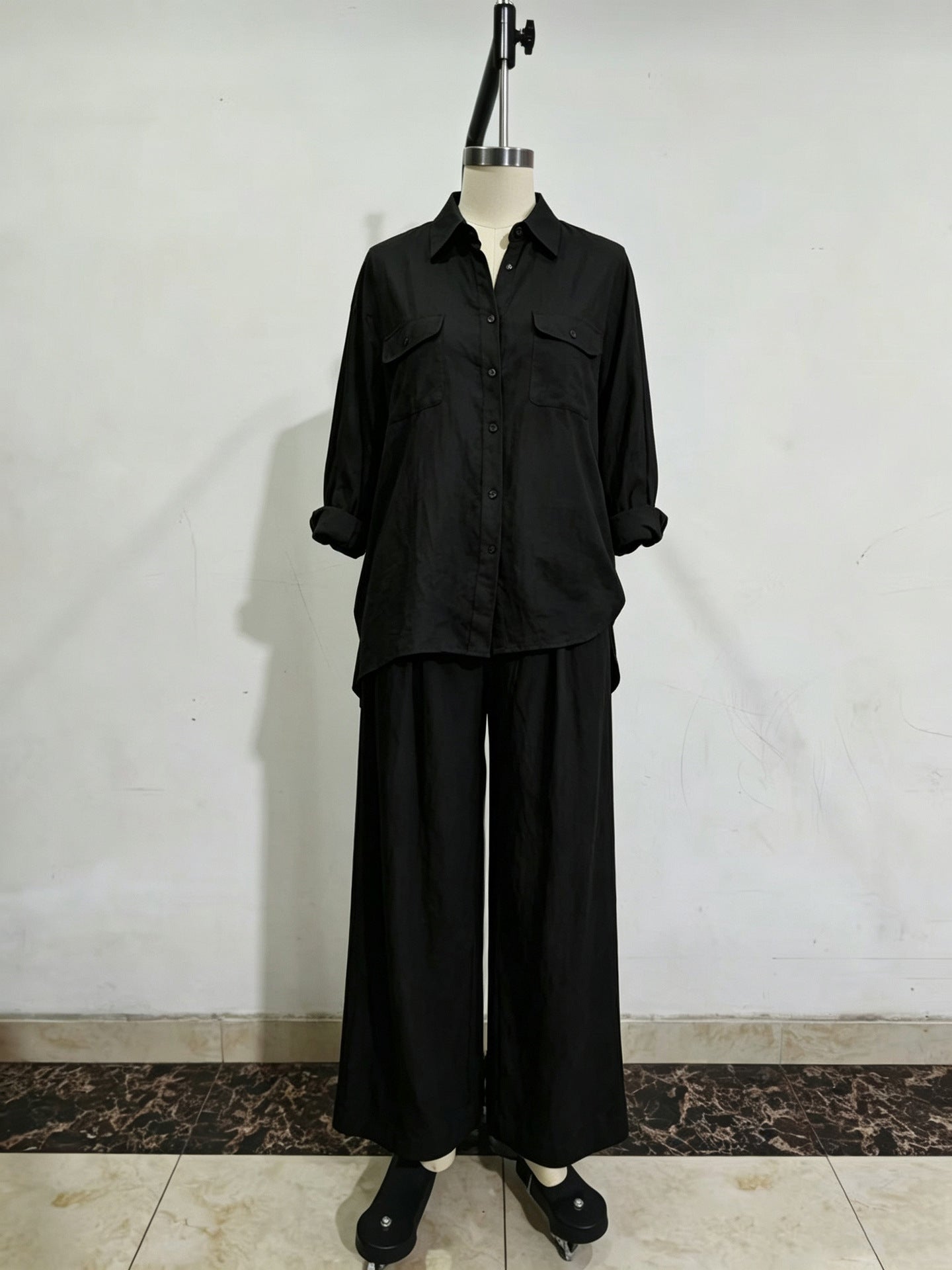 Women's Linen Two-Piece Set – Long Sleeve Shirt & Wide-Leg Pants