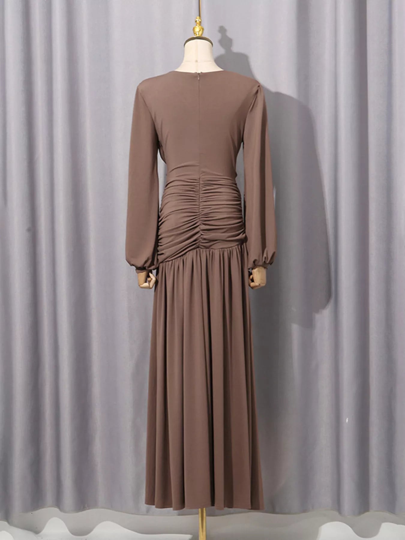 Ruched Long-Sleeve Maxi Dress with Cutout Detail