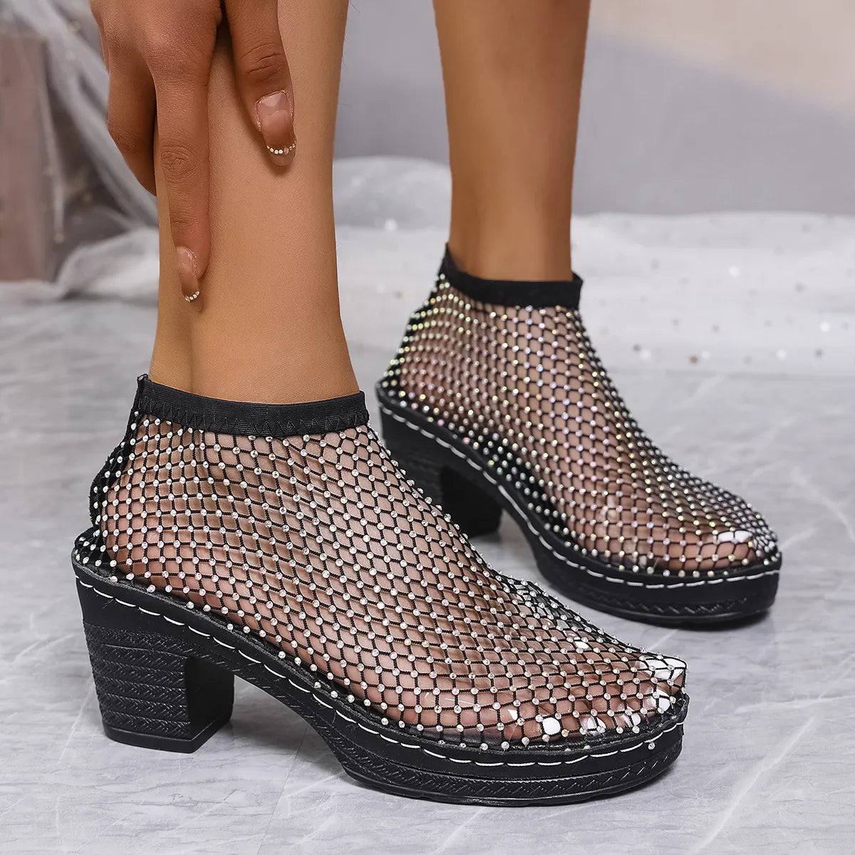 Rhinestone Block Heel Sandals