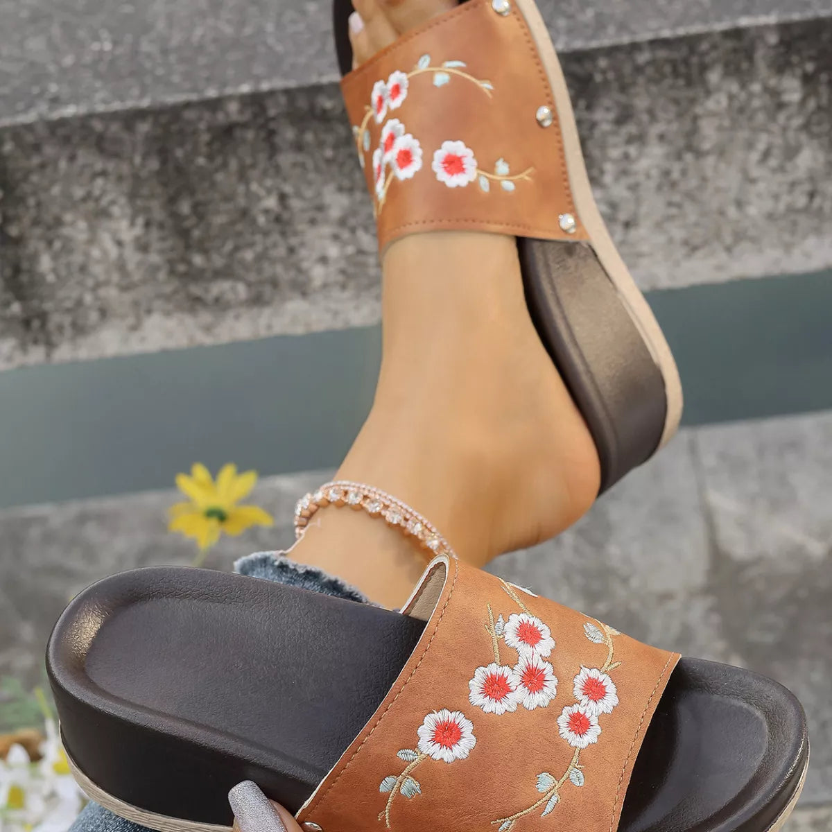 Floral Embroidered Wedge Sandals