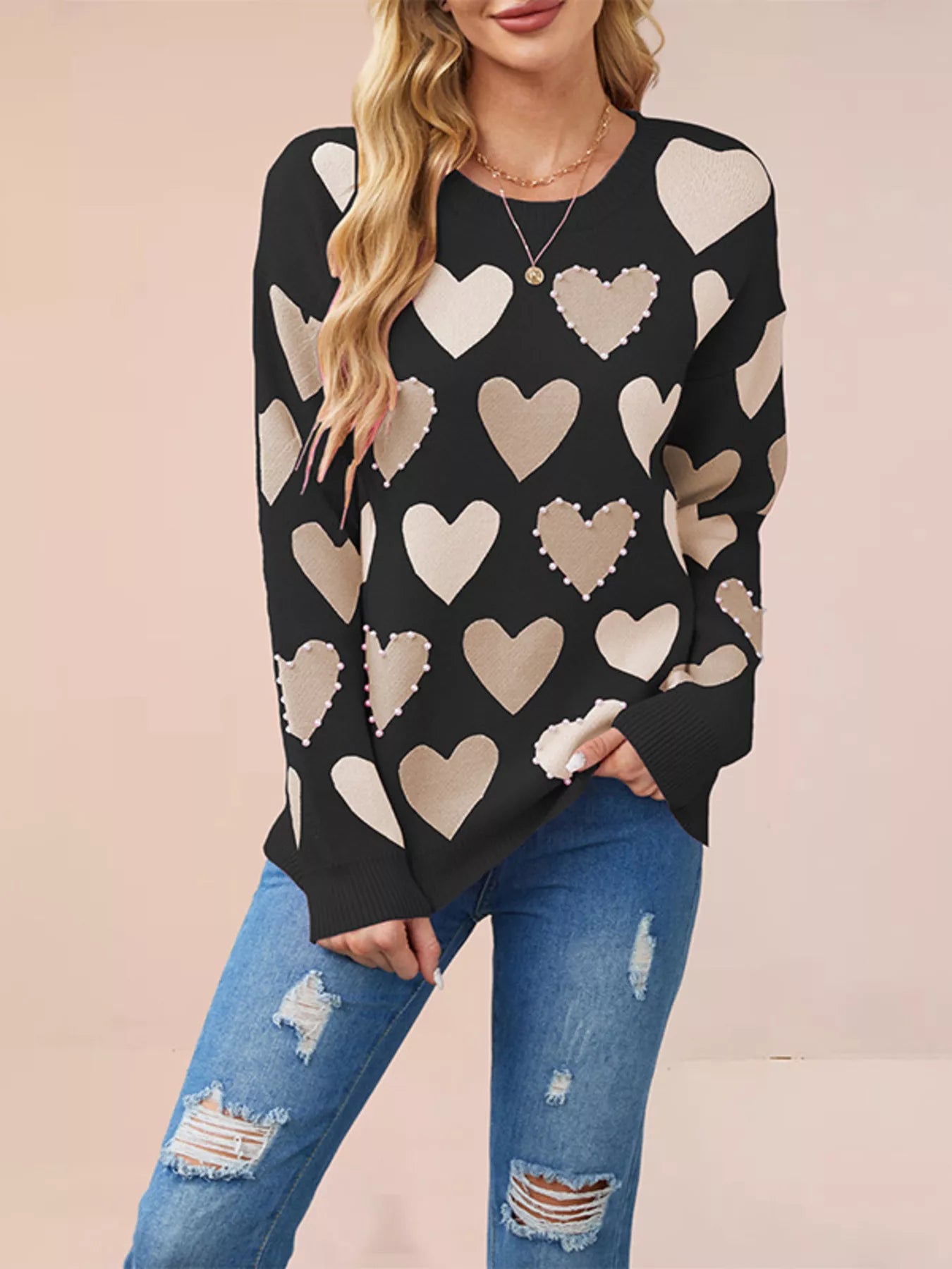 Heart Pattern Pearl Embellishments Sweater
