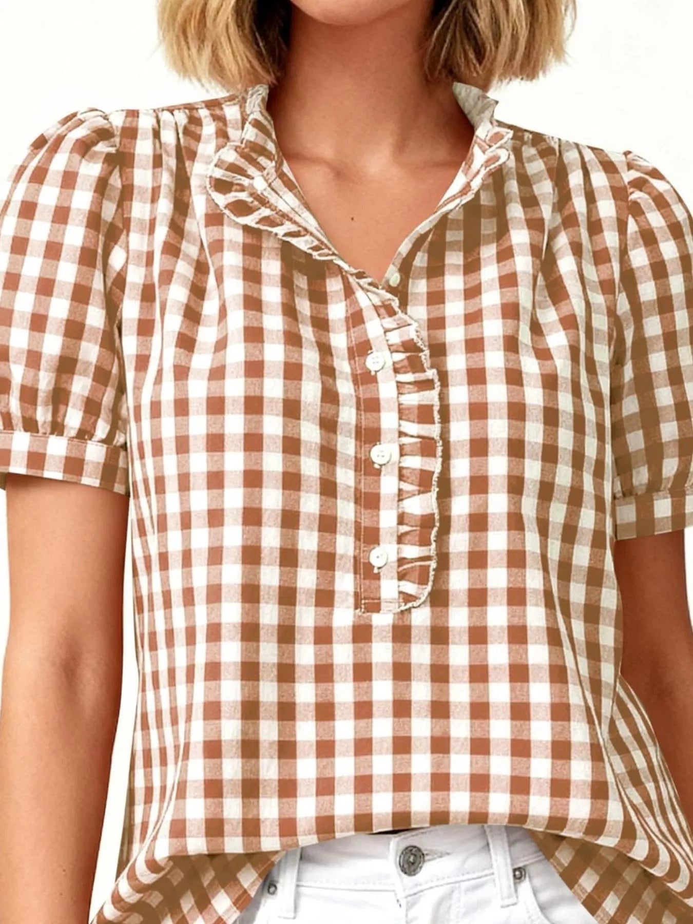 Gingham Button Front Puff Sleeve Blouse