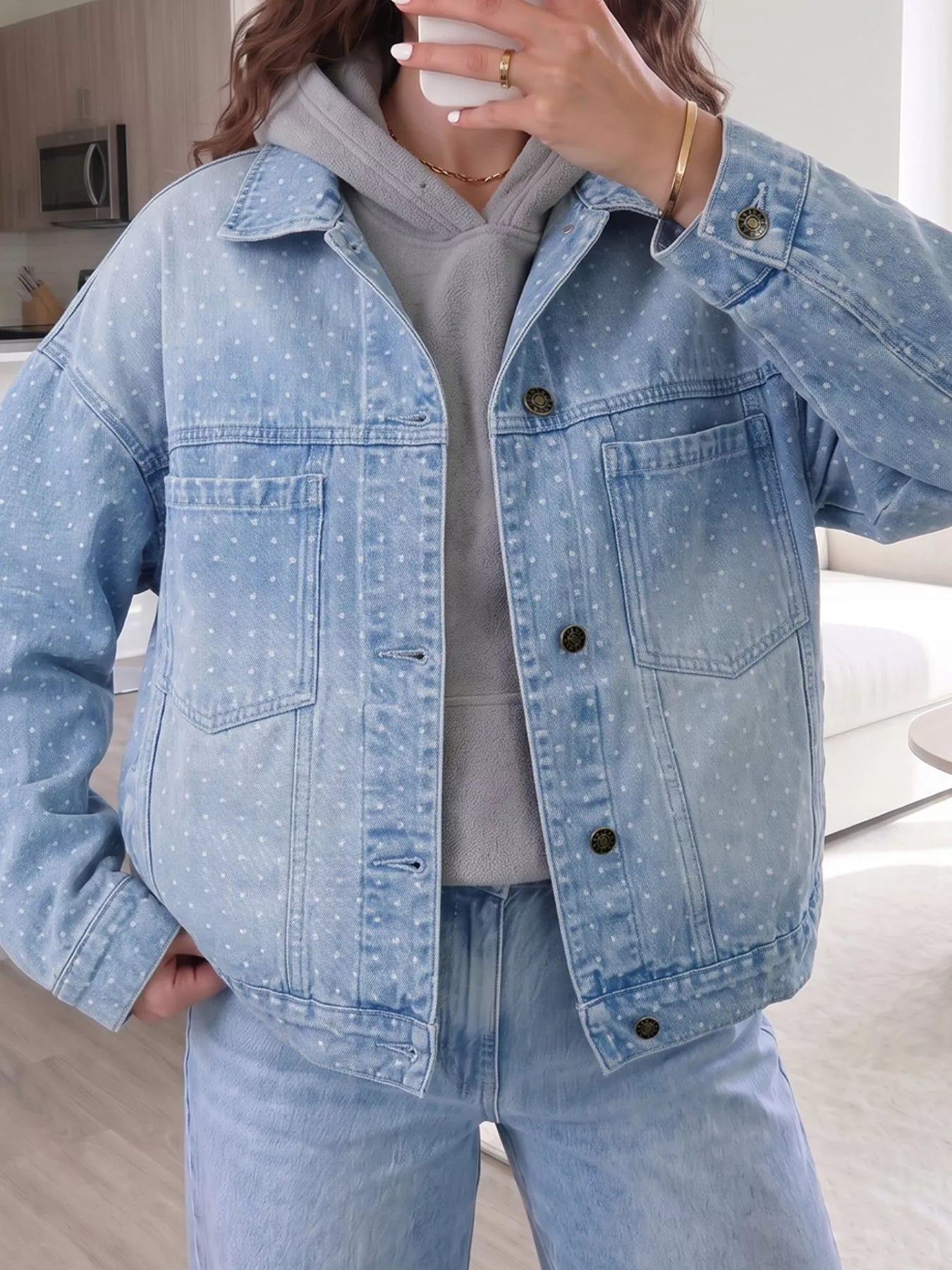 Polka Dot Long Sleeve Collar Pocket Casual Shift Silhouette Denim Jacket