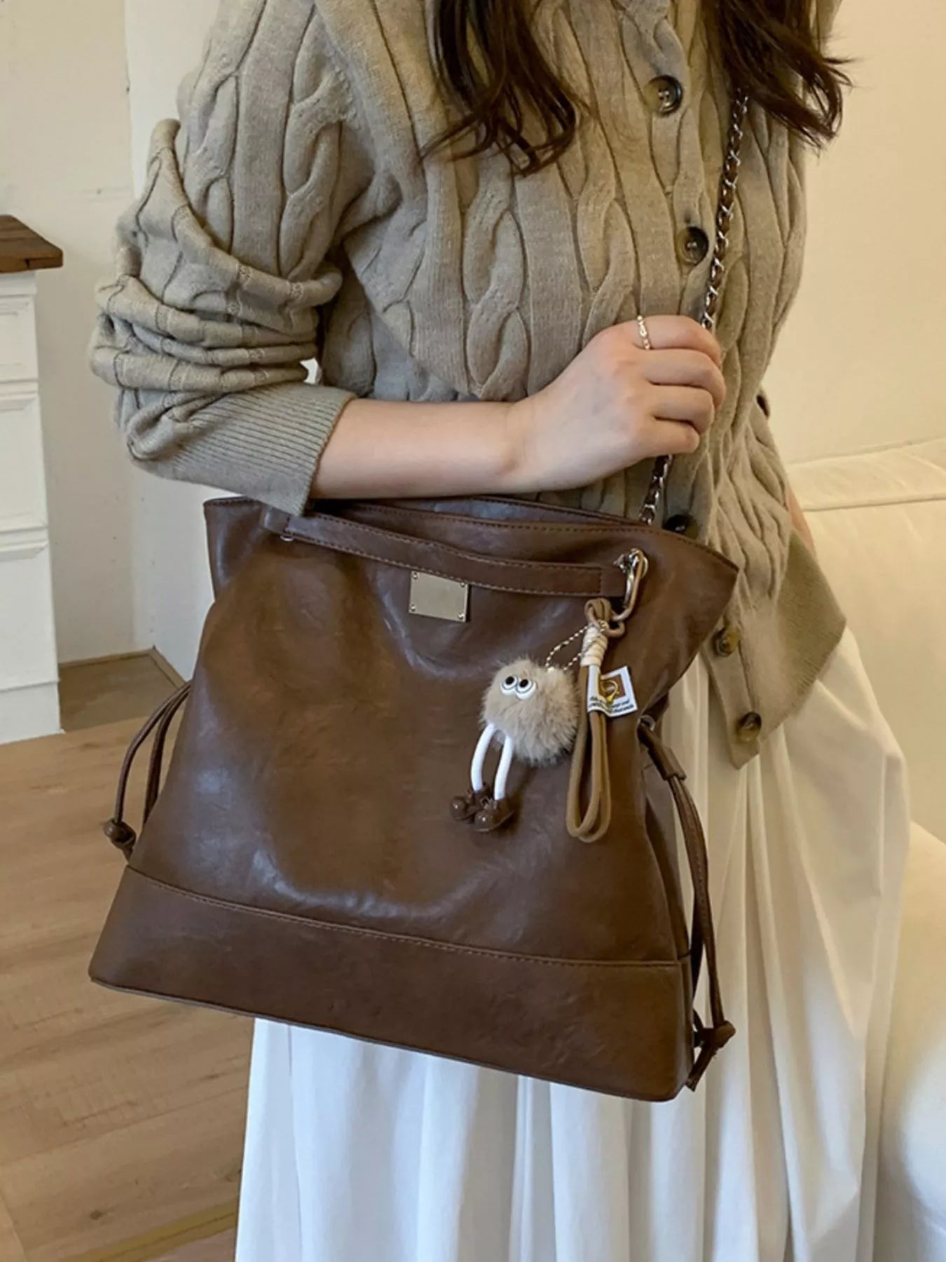 Chain Strap Faux Leather Tote Bag