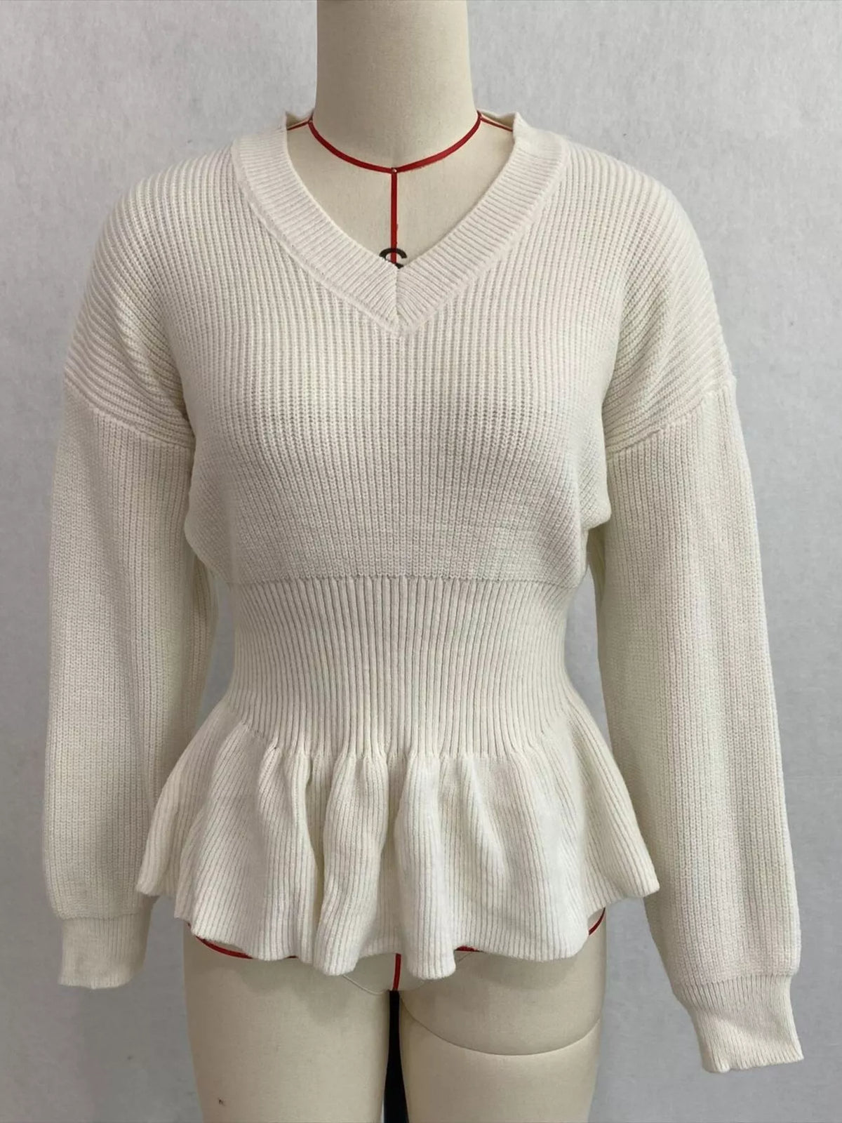 V-Neck Peplum Hem Ribbed Knit Top