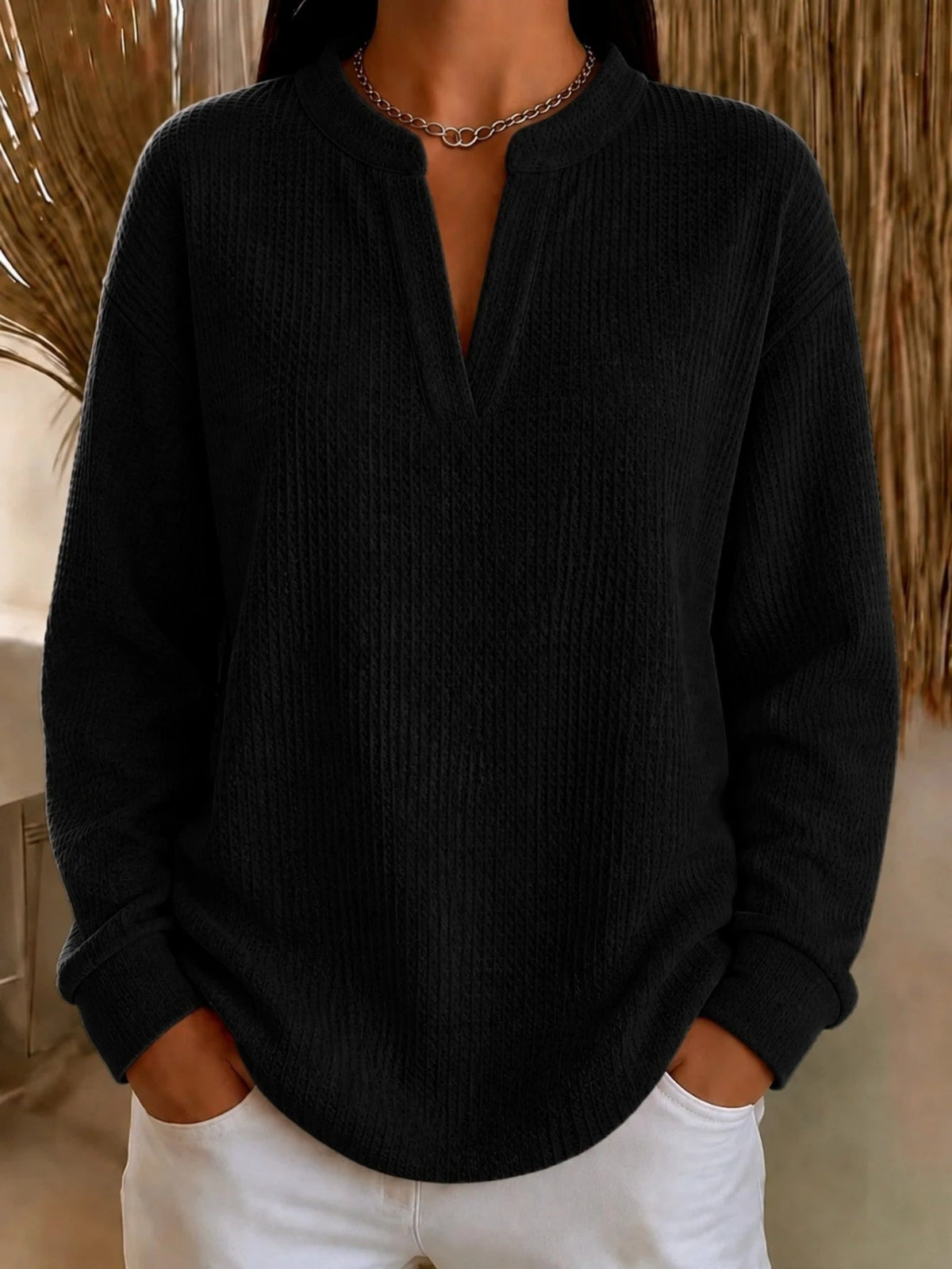 Women's Loose-Fit Solid-Color Long-Sleeve Top