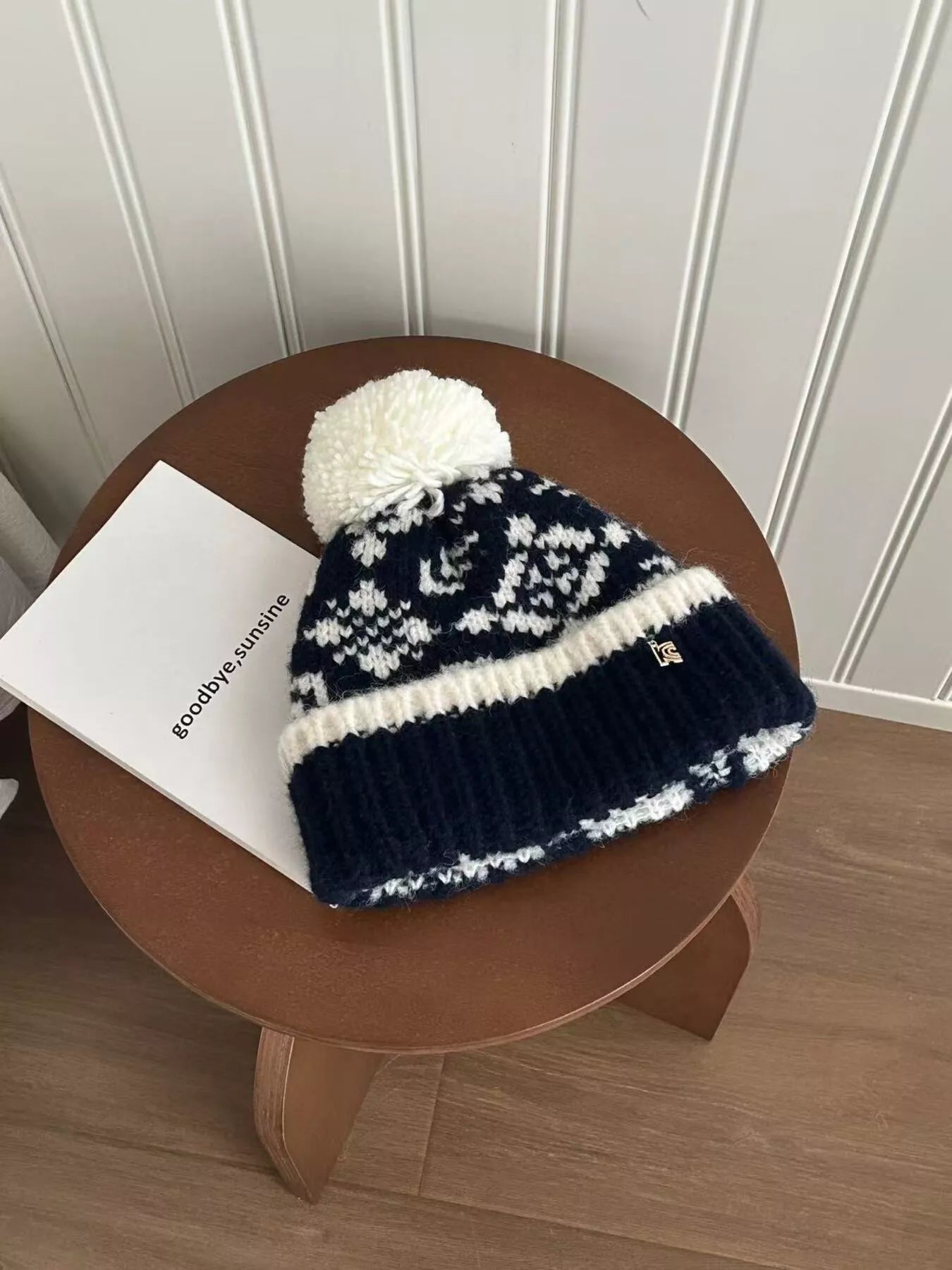Snowflake Knitted Beanie Hat with Pom Pom