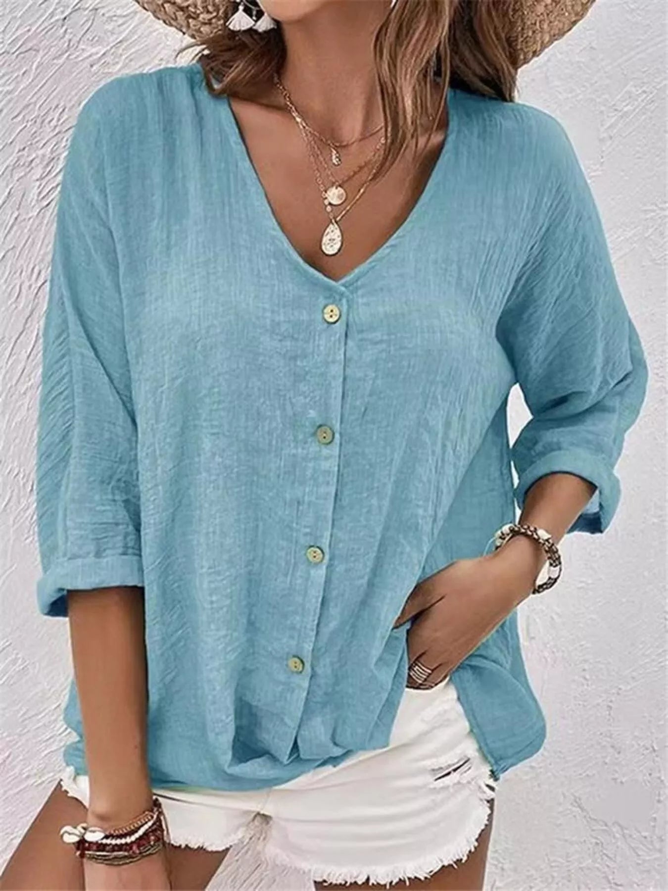 Full Size Casual V-Neck Button-Down Blouse Plus Size