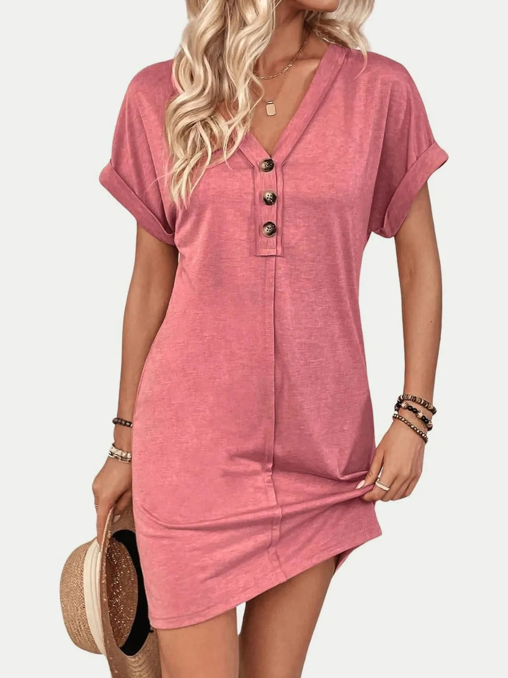 Quarter Button V-Neck Short Sleeve Dress