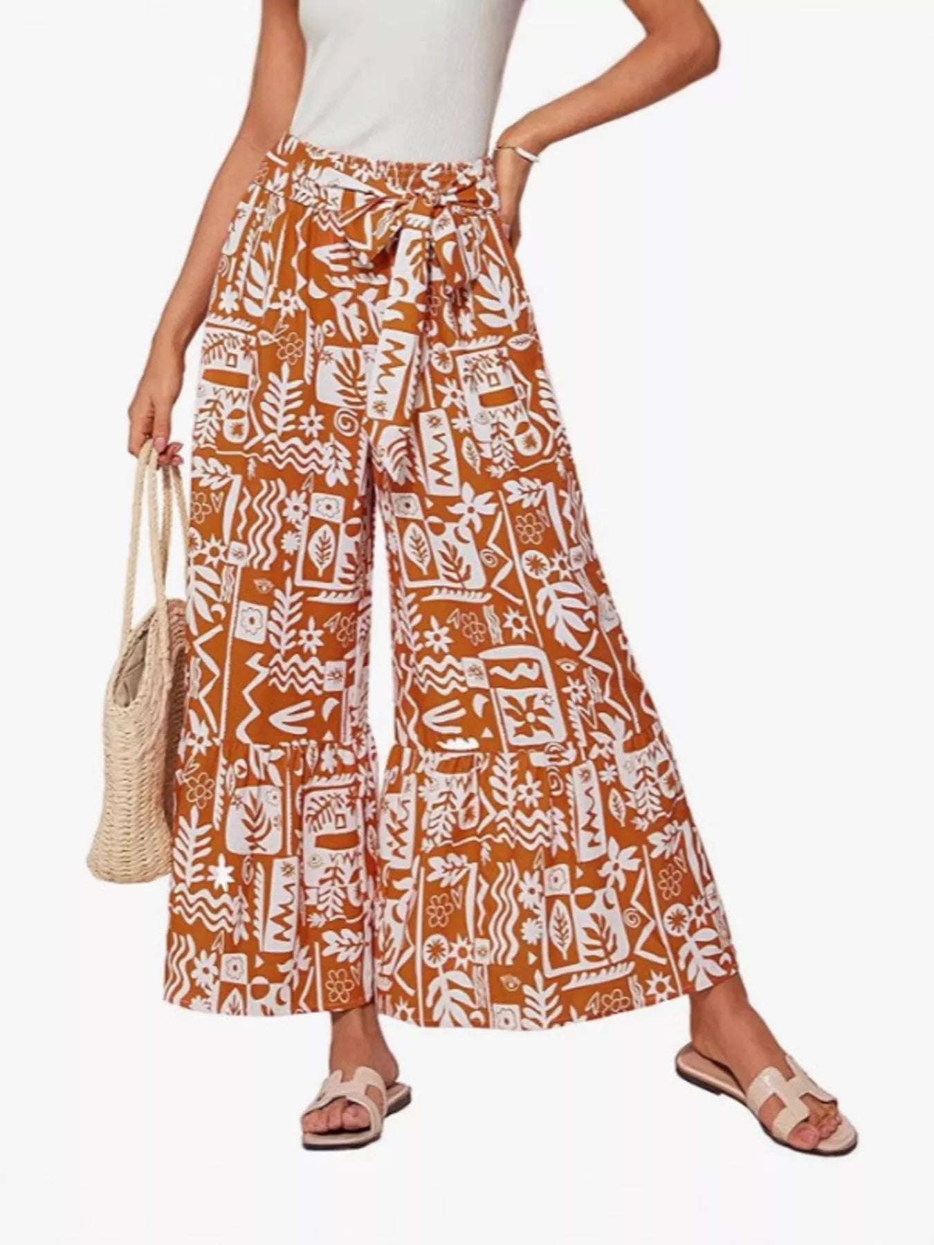 Full Size Tie Waist Wide-Leg Printed Pants Plus Size