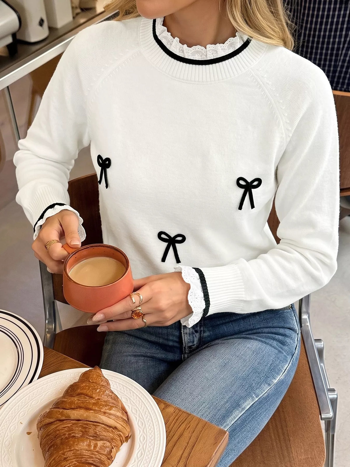 Bow-Embellished Lace Trim Sweater