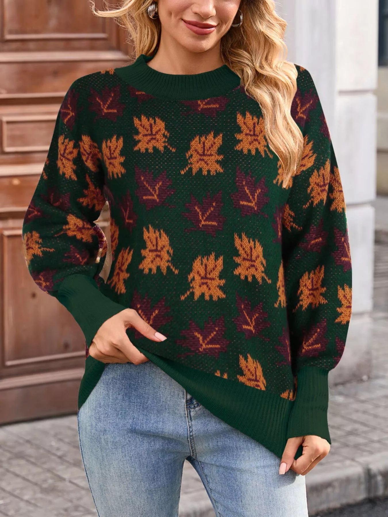 Autumn Leaf Pattern Mock Neck Sweater