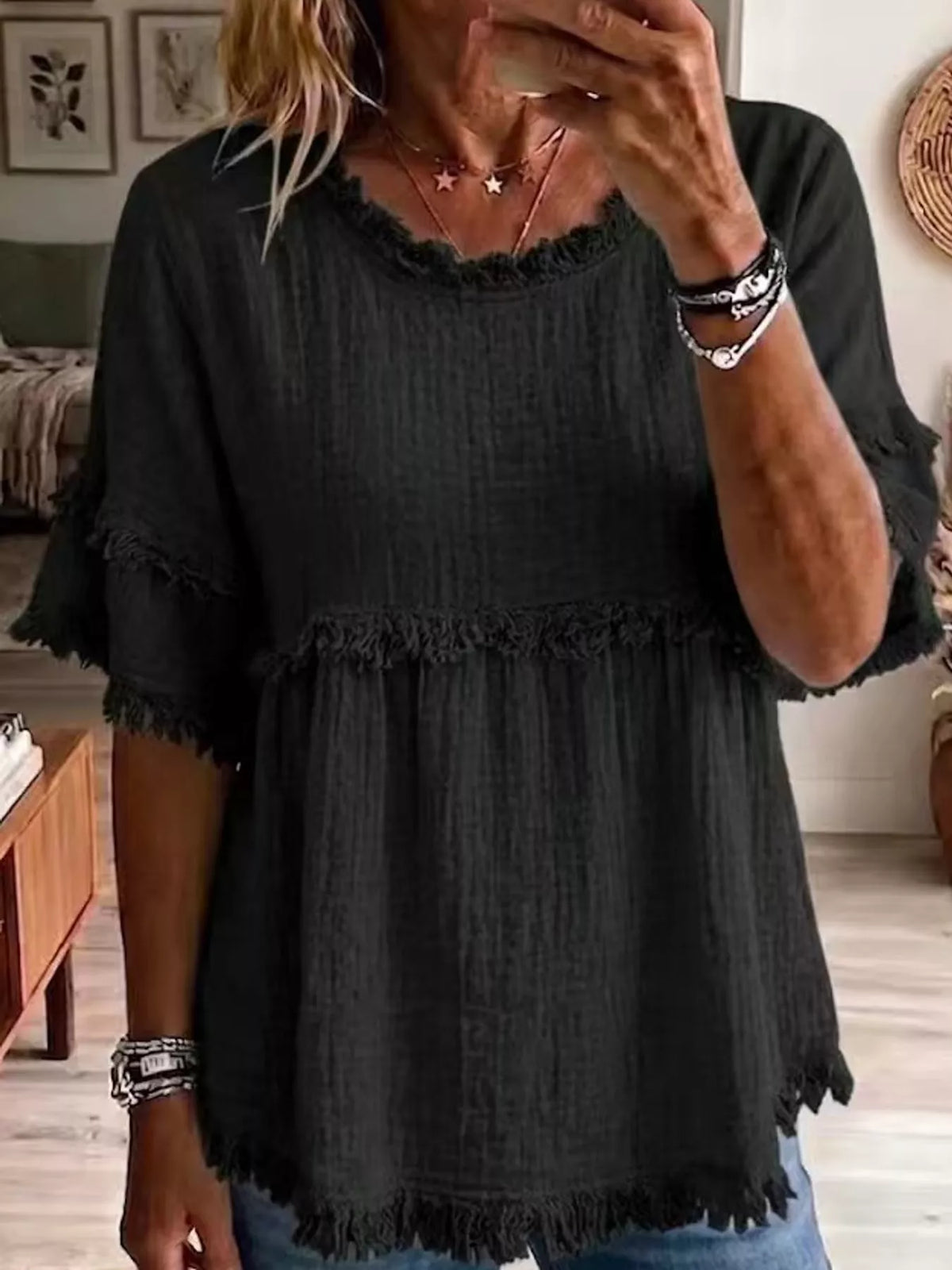 Full Size Frayed Edge Textured Blouse Plus Size