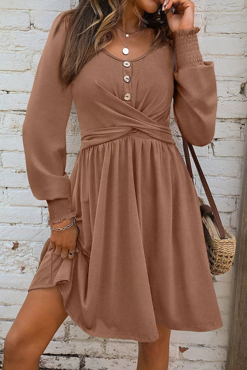 Shirred Cuff Long Sleeve Button Round Neck Mini Dress
