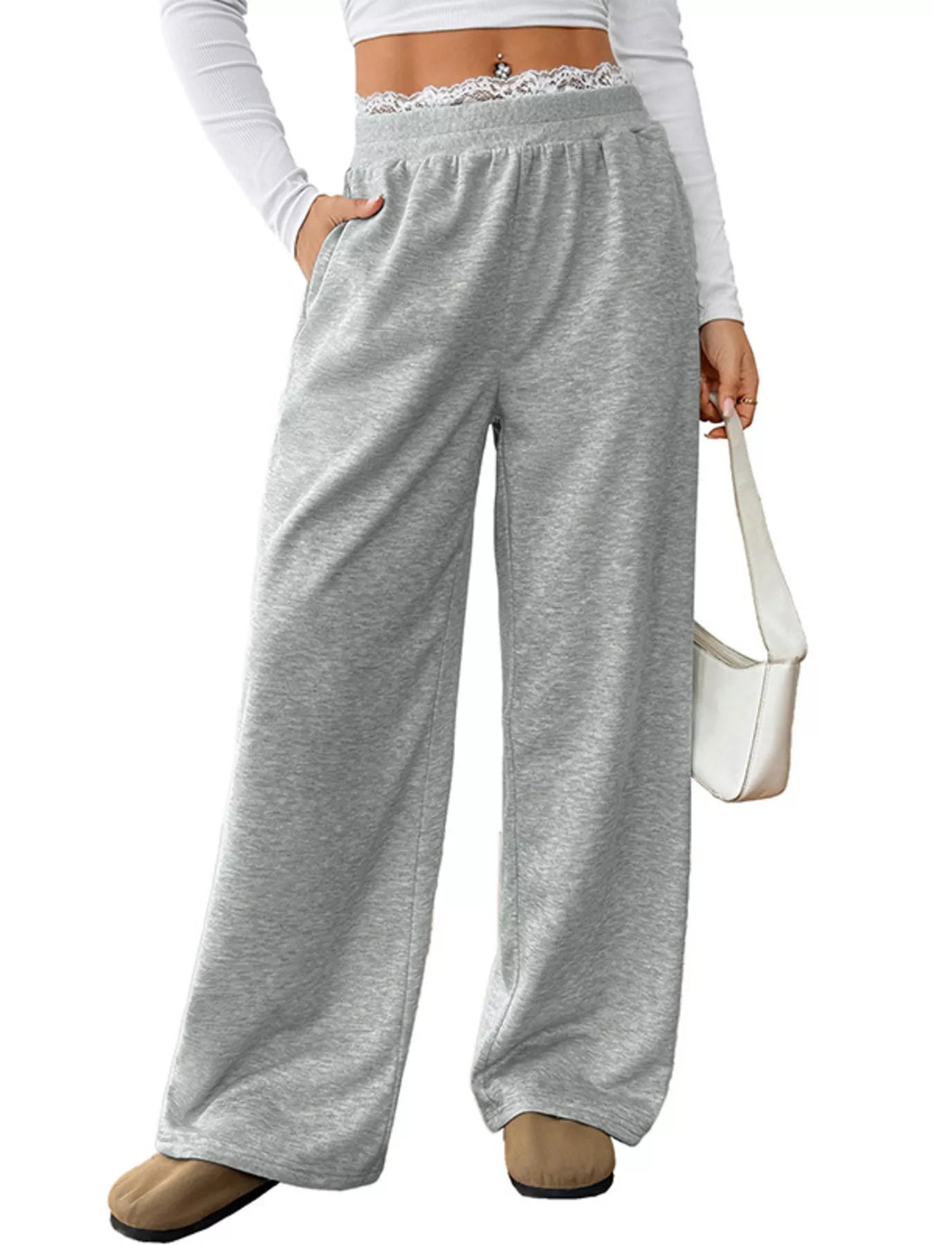 Lace Detail Wide Leg Casual Pants