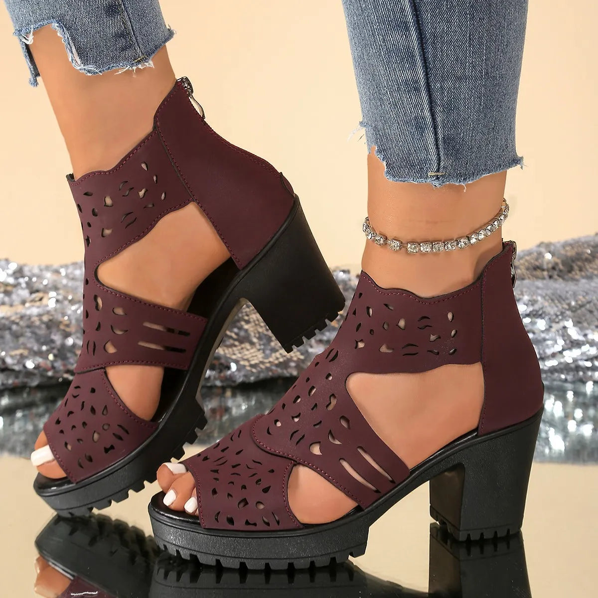 Cutout Block Heels Sandals