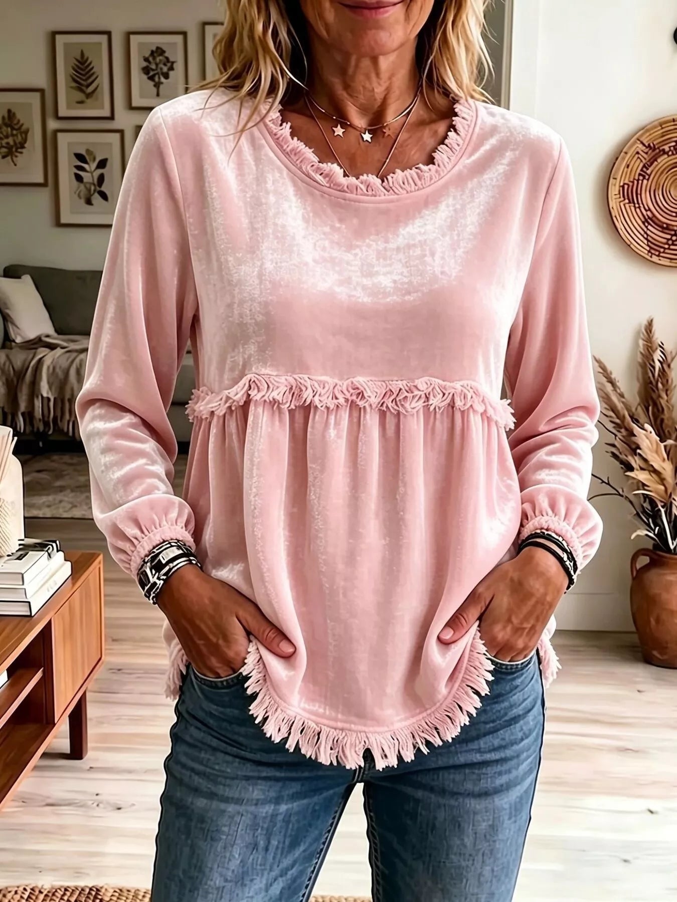 Fringed Hem Long Sleeve T-Shirt