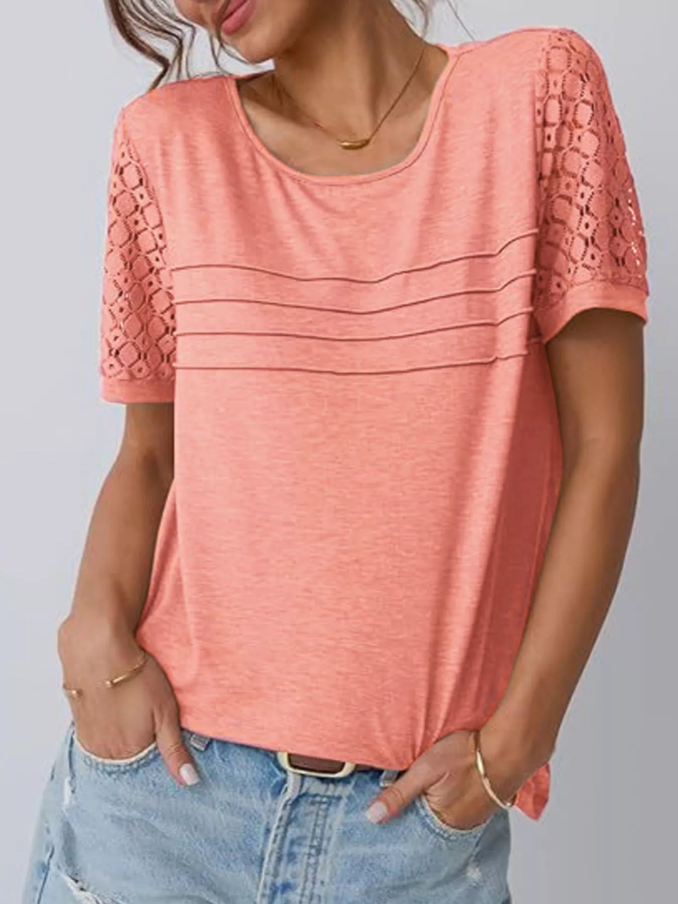 Lace Short Sleeve Round Neck T-Shirt
