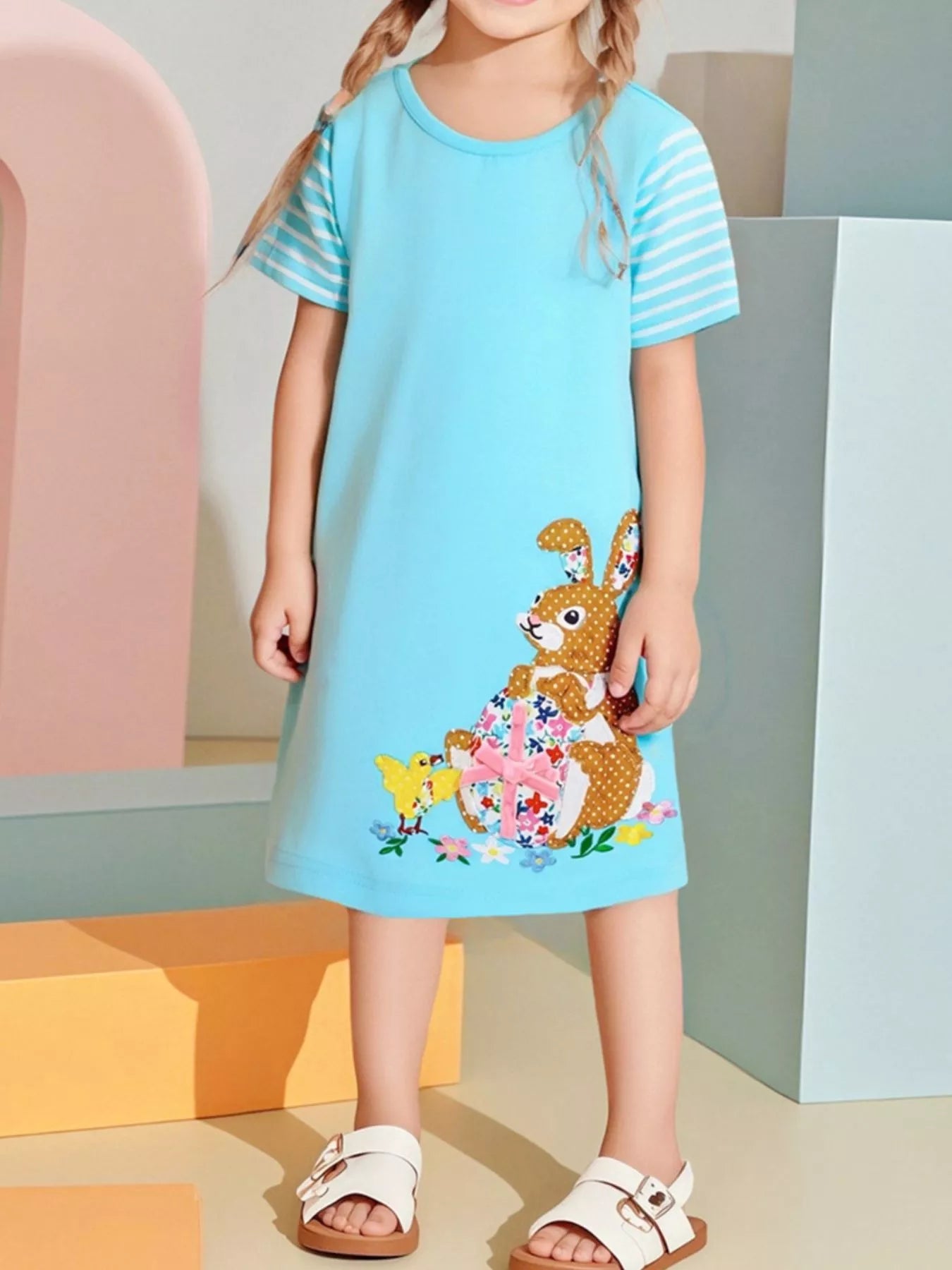 Children's Bunny Striped Sleeve Casual Dress