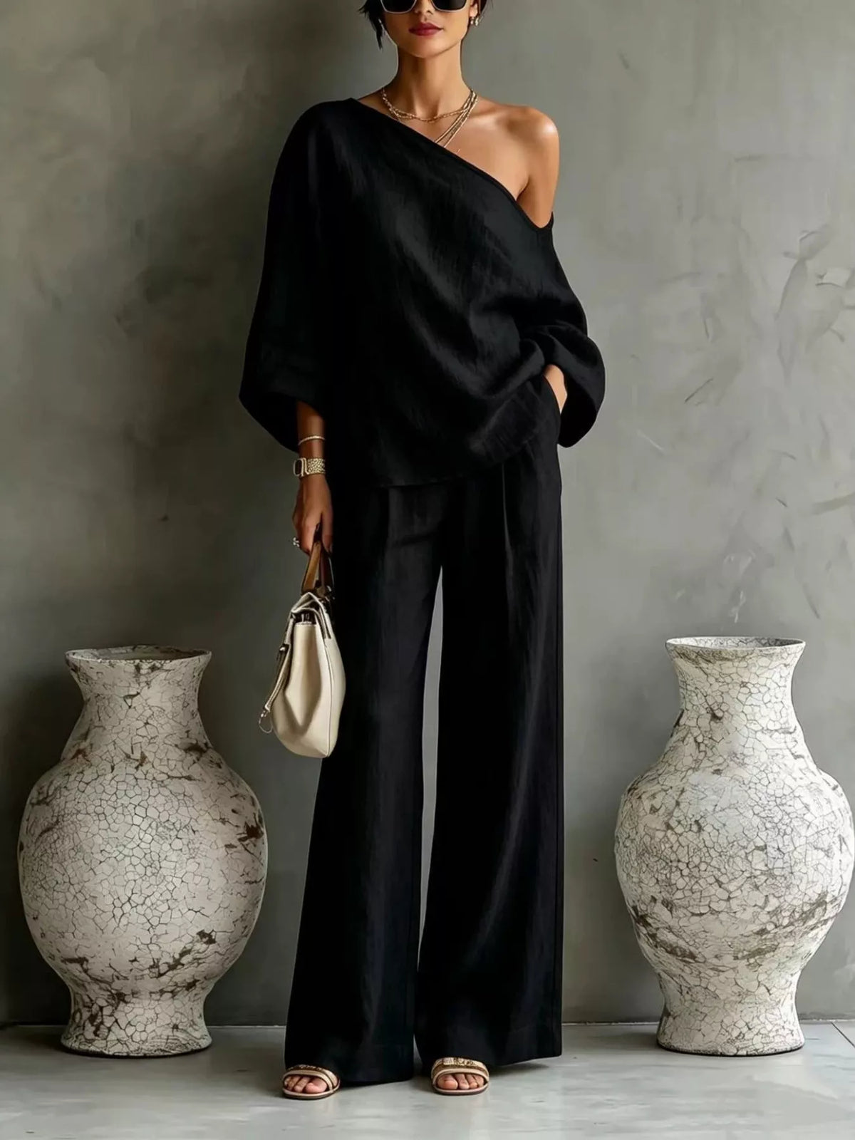 One Shoulder Top and Wide Leg Pants Set