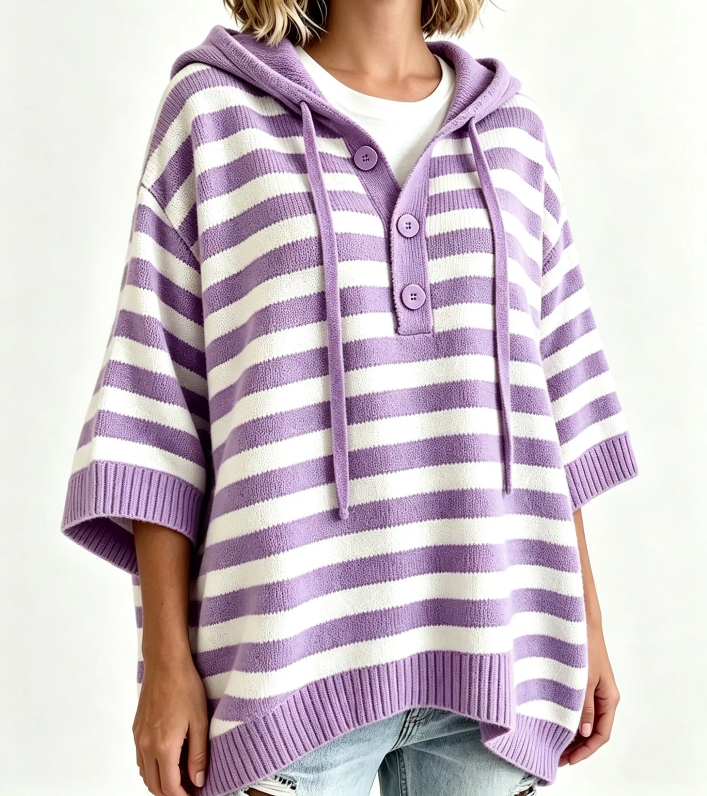 Striped Hooded Sweater with Button Detail