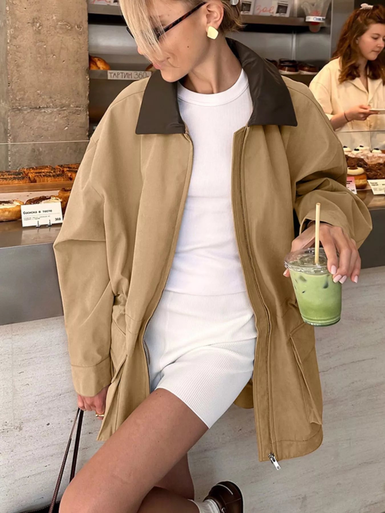 Oversized Contrast Collar Jacket with Drawstring Waist