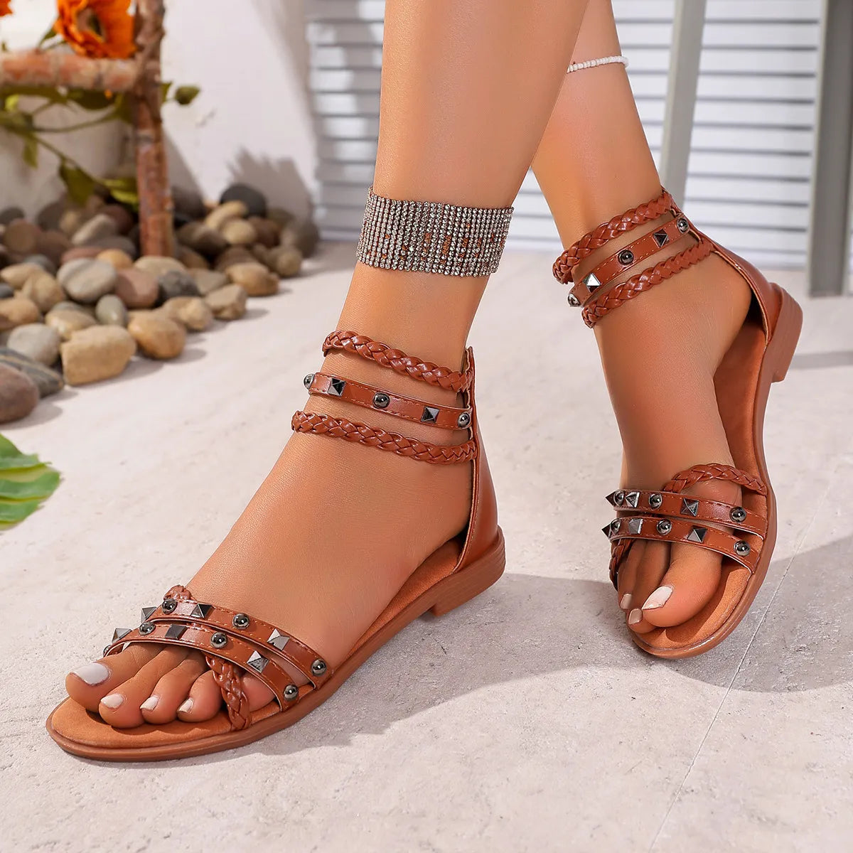 Braided Ankle Strap Studded Sandals