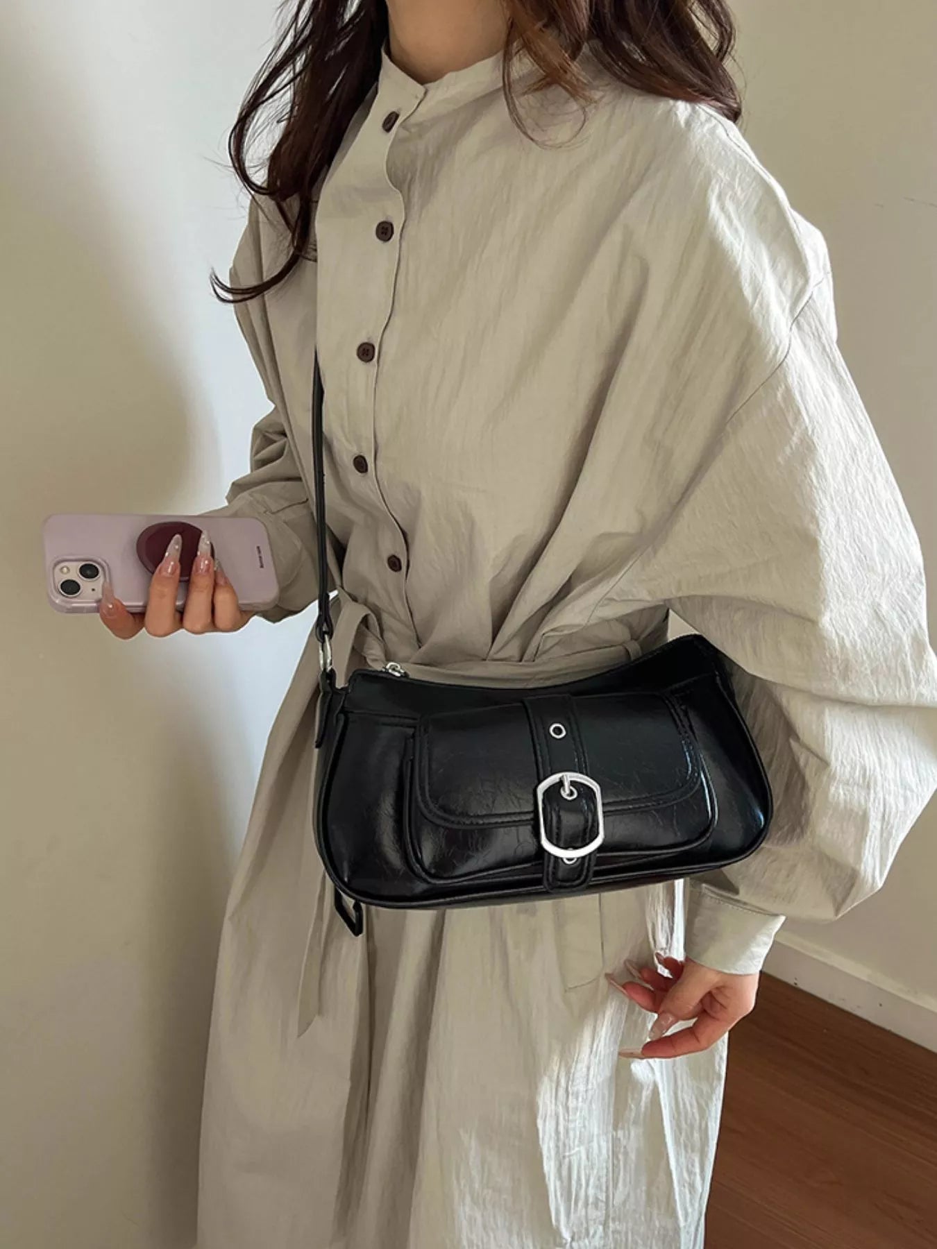 Buckle Detail Faux Leather Crossbody Bag
