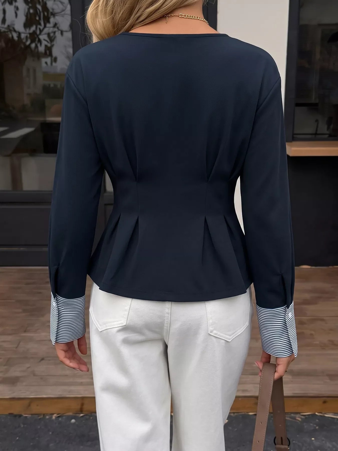 Round Neck Peplum Top with Striped Cuffs