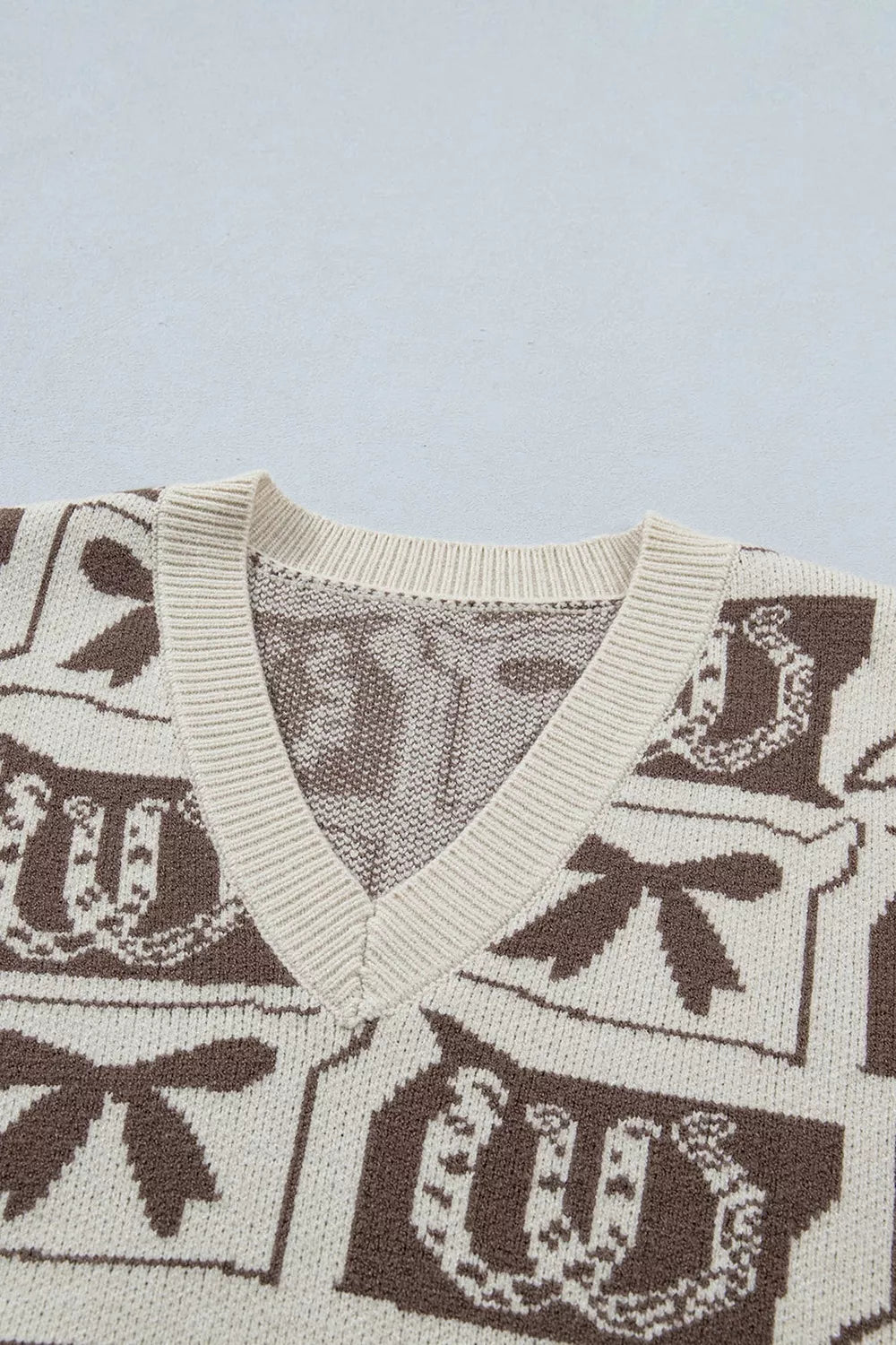 Western Horseshoe Bow Pattern Button Front Sleeveless Knit Sweater