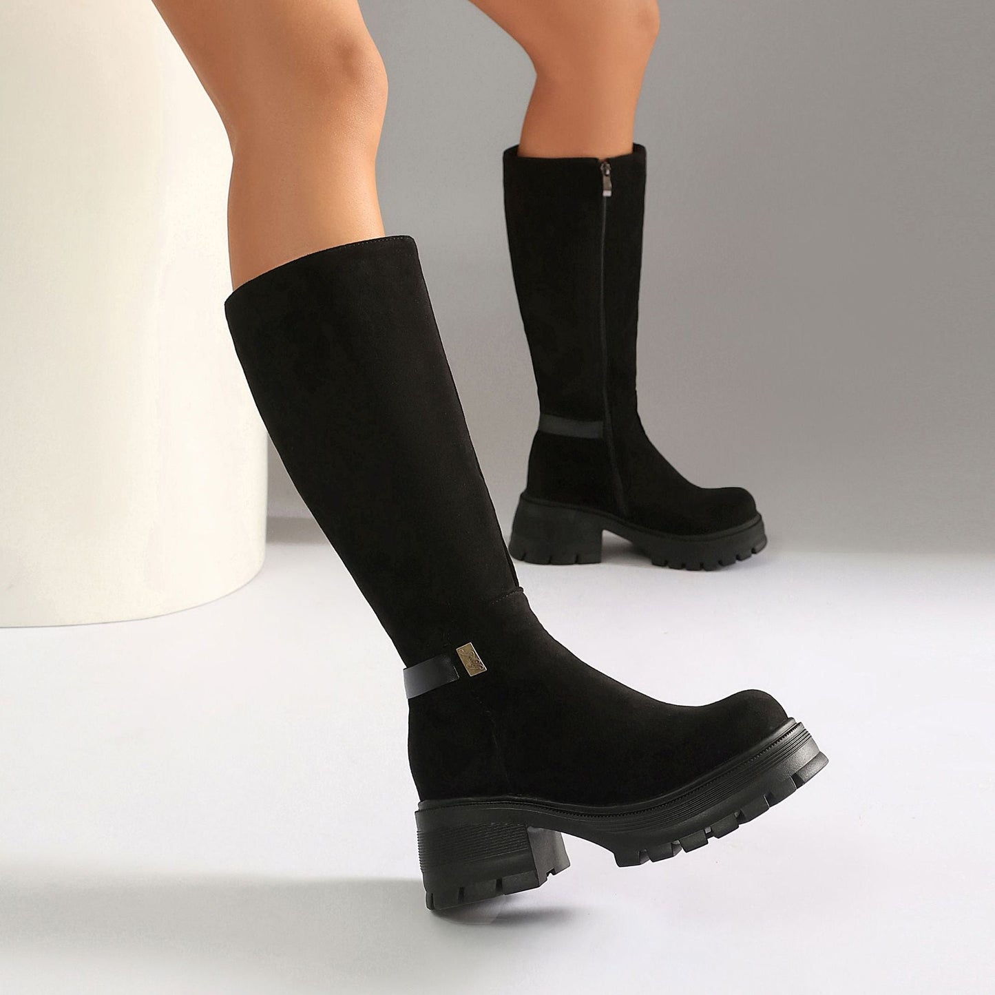 Women's Chunky Heel Knee-High Boots – Faux Suede & PU Platform Block Heel